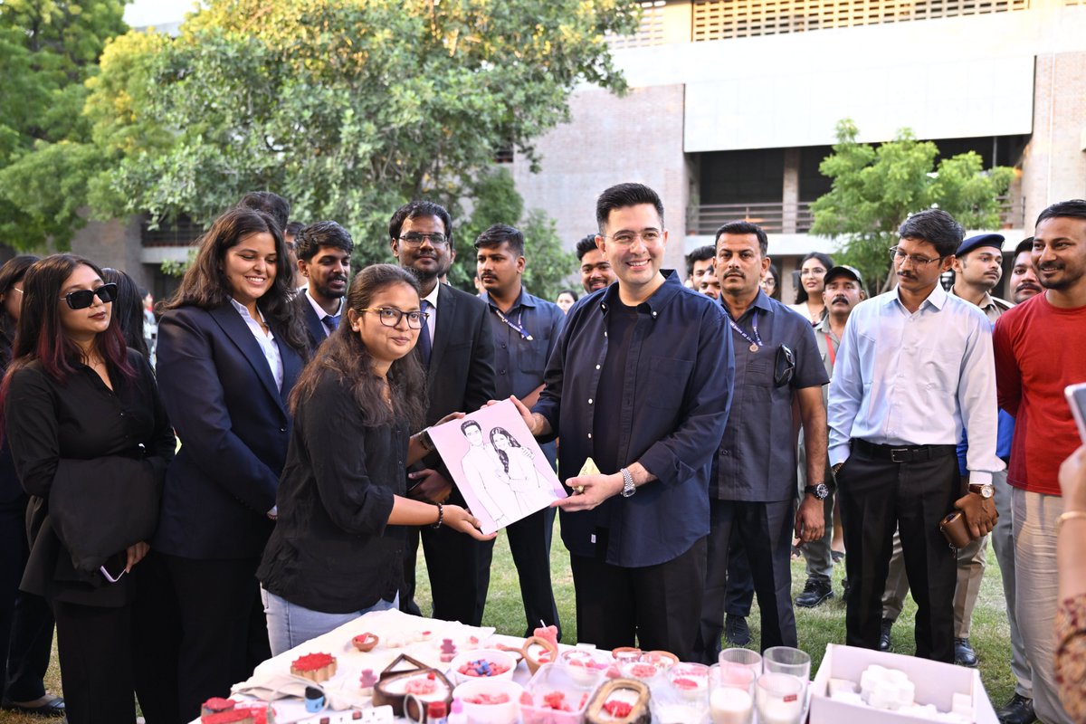 ANI's tweet photo. Gujarat | BJP MP Raghav Chadha tweets, "Had a wonderful time at IIM Ahmedabad, speaking at ‘The Red Brick Summit 2026.’  It was a pleasure to engage in a conversation on leadership, governance and India’s next chapter, and even more so interacting with such bright students. Really enjoyed the sharp questions and different perspectives.  And the fun didn't stop at the session! From exploring the creative stalls to trying my hand at a few games, I enjoyed every bit of my time on the campus. Thank you to the students and organisers for all the warmth and affection. Such a talented, curious, and confident bunch of young minds."