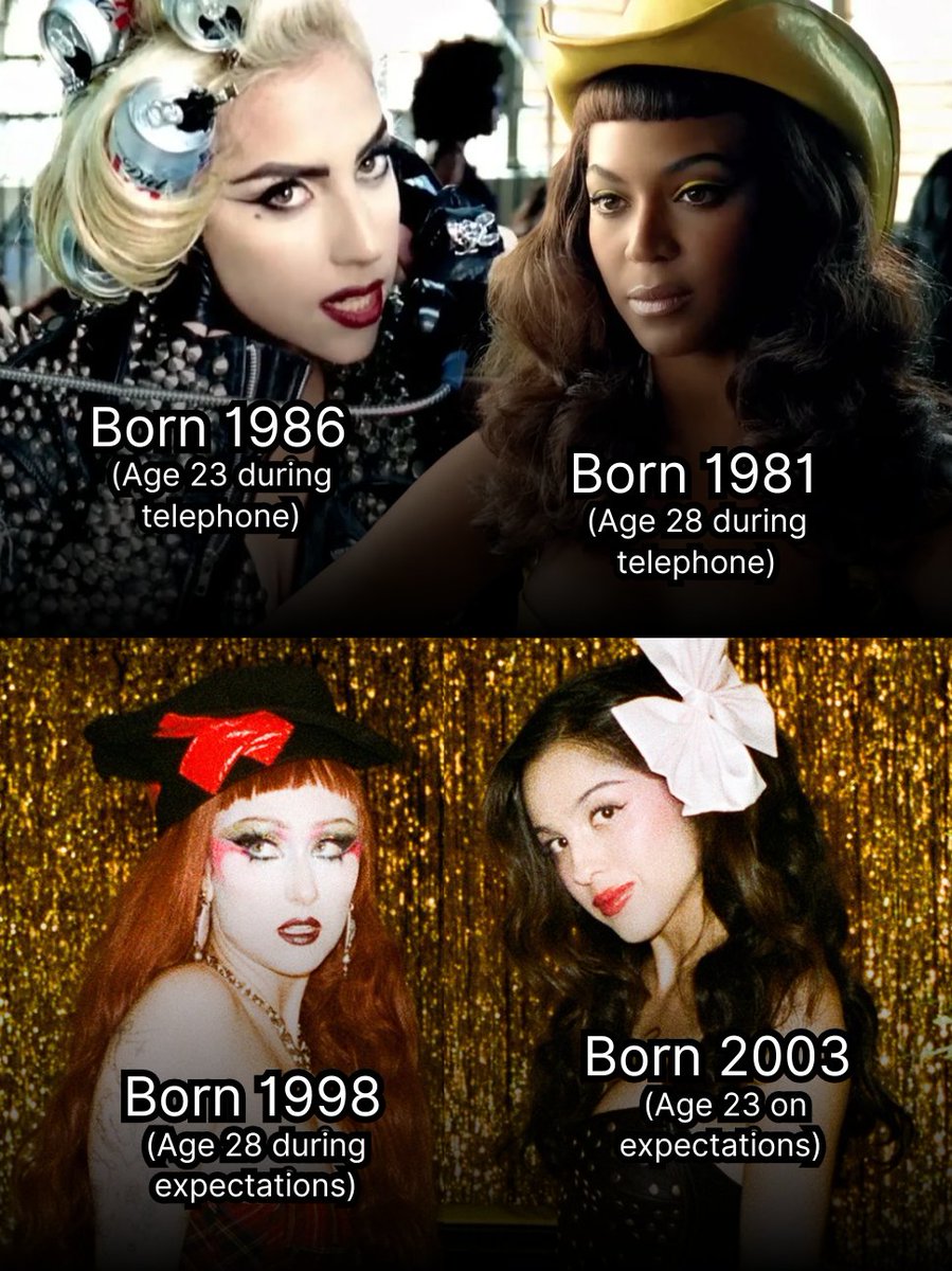 rodrigosdata's tweet photo. Fans noticed that Beyoncé and Lady Gaga were the same ages as Olivia Rodrigo and Chappell Roan when the iconic “Telephone” was released.

— A fitting parallel ahead of the “expectations” remix. https://t.co/UQJU2stHT0
