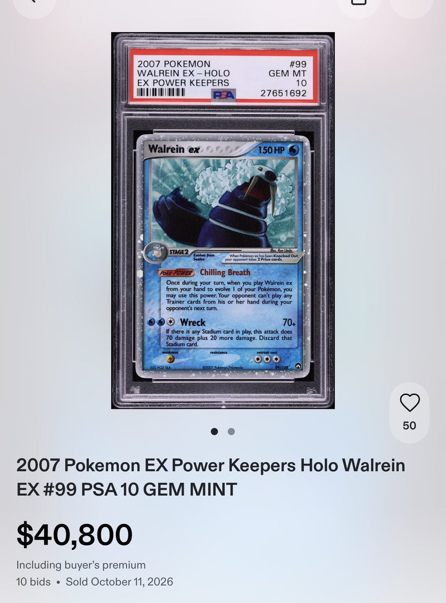astro_degens's tweet photo. GIVING AWAY this $40,800 PSA 10 GEM MINT 2007 Pokémon EX Power Keepers Walrein ex

If this card brings you even a fraction of the joy Pokémon has given me, then mission accomplished.

Valued at ~ $40,800 and it could be yours. 🎁

Just follow, like, RT & reply for a chance to win. Good luck! �