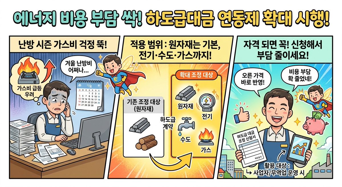 saibitruck's tweet photo. 에너비비용, 하도급대금 연동제 내달 시행

핵심 내용
난방 시즌을 앞두고 가스비 급등 우려가 커지는 가운데, 하도급 대금 조정 제도가 에너지 비용까지 포함하도록 확대되었습니다.

적용 범위
기존에는 원자재 가격만 조정 대상이었지만, 이제 전기·수도·가스 비용도 포함되어 지급 금액이 조정됩니다.

활용 대상
사업자나 무역업을 운영하는 경우, 가격이 오르면 즉시 반영되어 비용 부담을 크게 줄일 수 있으므로 자격이 된다면 바로 신청하는 것이 유리합니다.