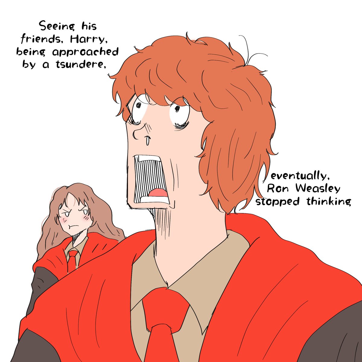 AbdullahAl7410's tweet photo. Seeing this trend makes me thinking about other character. 

What if Ron Weasley will be like that MC friends who always in Pain (in funny ways) every time Harry got into romcom situation? 

Except, he is also dense like Harry👀

Just a thought tho 

#HarryPotter #Malfoid https://t.co/oul5UnCilY