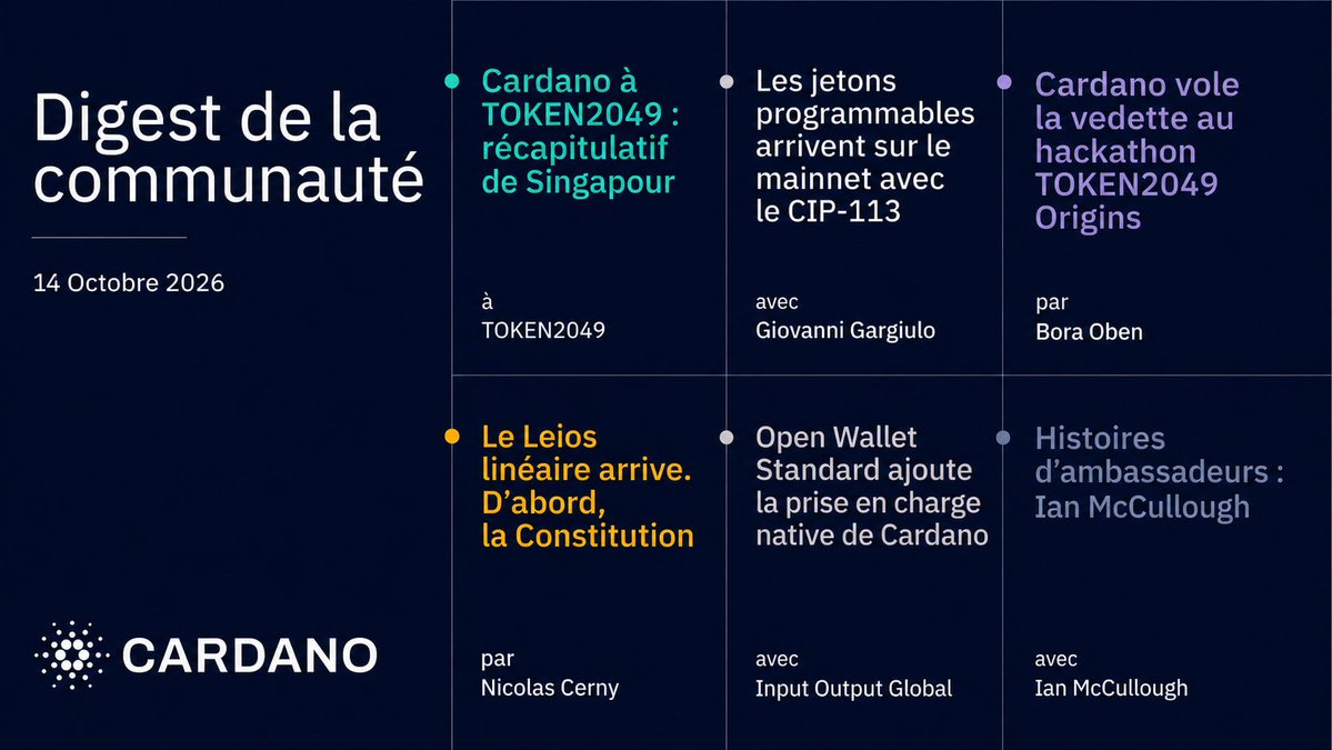 OlivierMWATSIM1's tweet photo. Cardano Community Digest | 14 octobre 2026

Publié toutes les deux semaines par l’équipe communautaire de la @Cardano_CF , ce digest présente les actualités, les mises à jour et les événements marquants du projet et de son écosystème. Voici les principaux points de cette édition :

Technique
→ CIP-0113 : les tokens programmables sont disponibles sur le mainnet.
→ Linear Leios : le testnet Musashi Dojo atteint un pic d’environ 6 fois le débit de référence du mainnet.
→ Open Wallet Standard 1.4.3 : prise en charge native de Cardano et nouveaux contrôles pour les agents IA.

Gouvernance
→ Préparatifs du hard fork Dijkstra et évolution des paramètres constitutionnels.
→ Sondage auprès des SPOs sur le nombre cible de pools de staking.

Écosystème
→ Retour sur la présence de Cardano à TOKEN2049 Singapore.
→ Les projets @Cardano se distinguent au hackathon Origins.
→ Minswap et FluidTokens renforcent leur collaboration.

Digest complet en français et version originale en anglais dans le fil 🧵👇