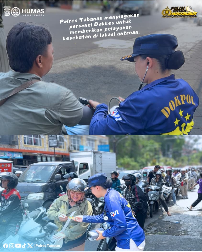 HumasBaturiti's tweet photo. Sebagai bentuk kepedulian dan komitmen dalam memberikan pelayanan terbaik kepada masyarakat, Polres Tabanan menyiagakan personel Dokkes untuk memberikan pelayanan kesehatan di lokasi antrean BBM pada sejumlah SPBU di wilayah Kabupaten Tabanan.

Kehadiran personel Dokkes ini merup https://t.co/metiJHoaRv