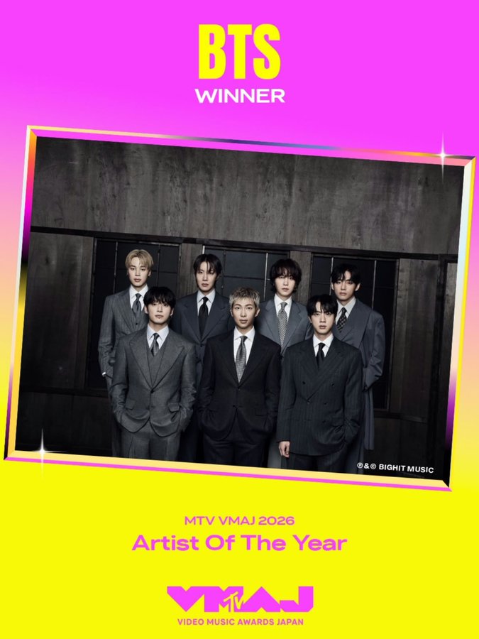 WORLDMUSICAWARD's tweet photo. #BTS has won "Artist of the Year" at the 2026 MTV VMAs Japan! It's their 7th win in VMAJ history! 💪🇯🇵🏆🥇🧑‍🎤2⃣6⃣ 🔥✖️7⃣🏆👑👑👑👑👑👑👑💜

#방탄소년단 #ARIRANG
@BTS_twt https://t.co/UwYggrgEKp