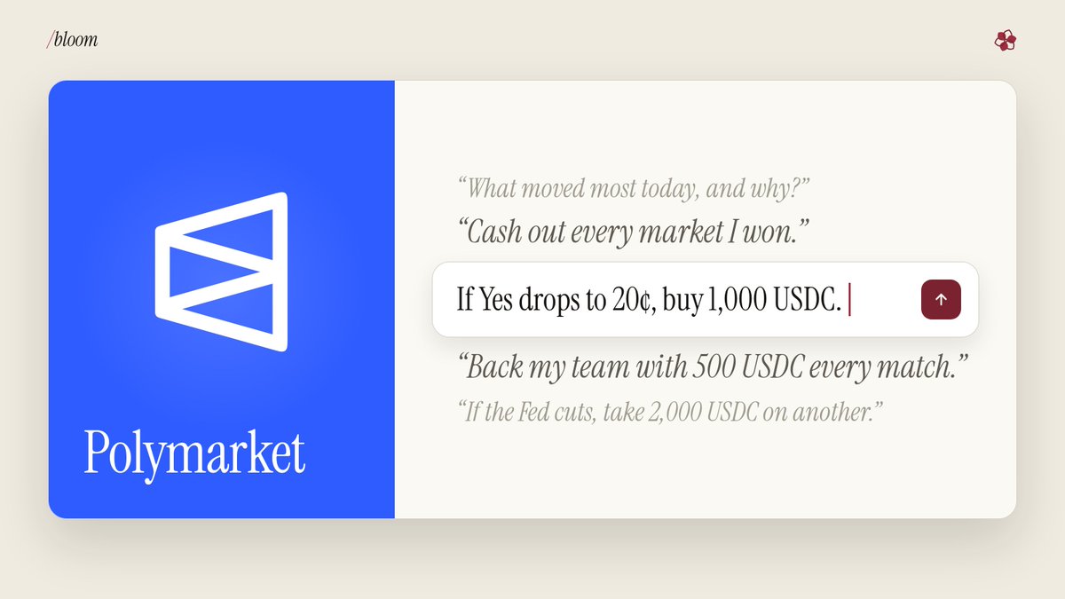 bloom_directory's tweet photo. 🌸 Petal of the Week: @Polymarket 

The world’s biggest prediction market, now one sentence away from your agent.

🔍 Research: “What moved most today, and why?”
🏆 Collect: “Cash out every market that resolved my way.”
🎯 Snipe: “If Yes drops to 20¢, buy 1,000 USDC of it.”
⚽ Follow: “Back my team with 500 USDC every match.”
🔗 Chain: “If the Fed cuts, take 2,000 USDC on another cut in December.”

Every order is checked against your policies before it’s signed.

What’s your next prediction? 👇