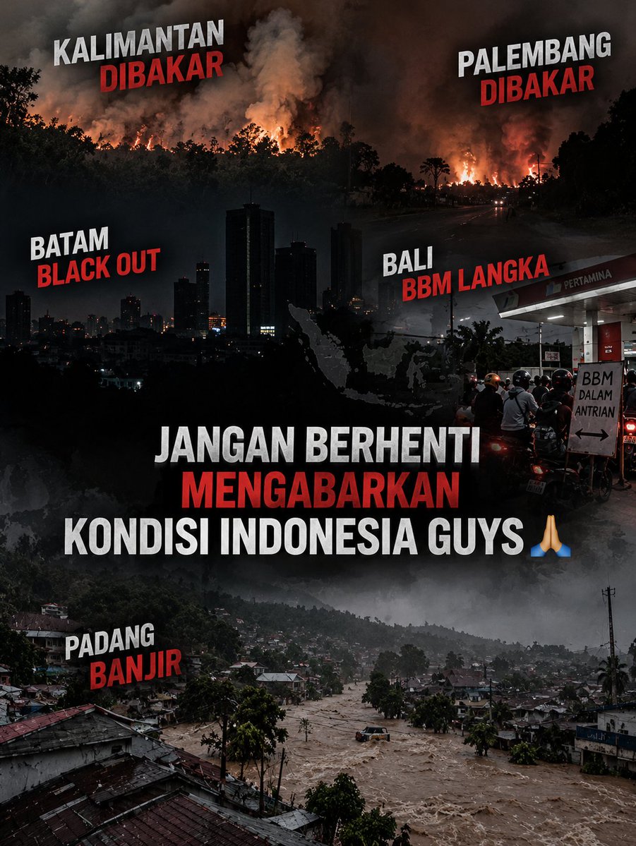 reylevant's tweet photo. JANGAN BERHENTI MENGABARKAN KONDISI INDONESIA SAAT INI  🚨

KALIMANTAN - DIBAKAR
PALEMBANG - DIBAKAR
BATAM - BLACK OUT
BALI - BBM LANGKA
PADANG - BANJIR https://t.co/WarouiwCea
