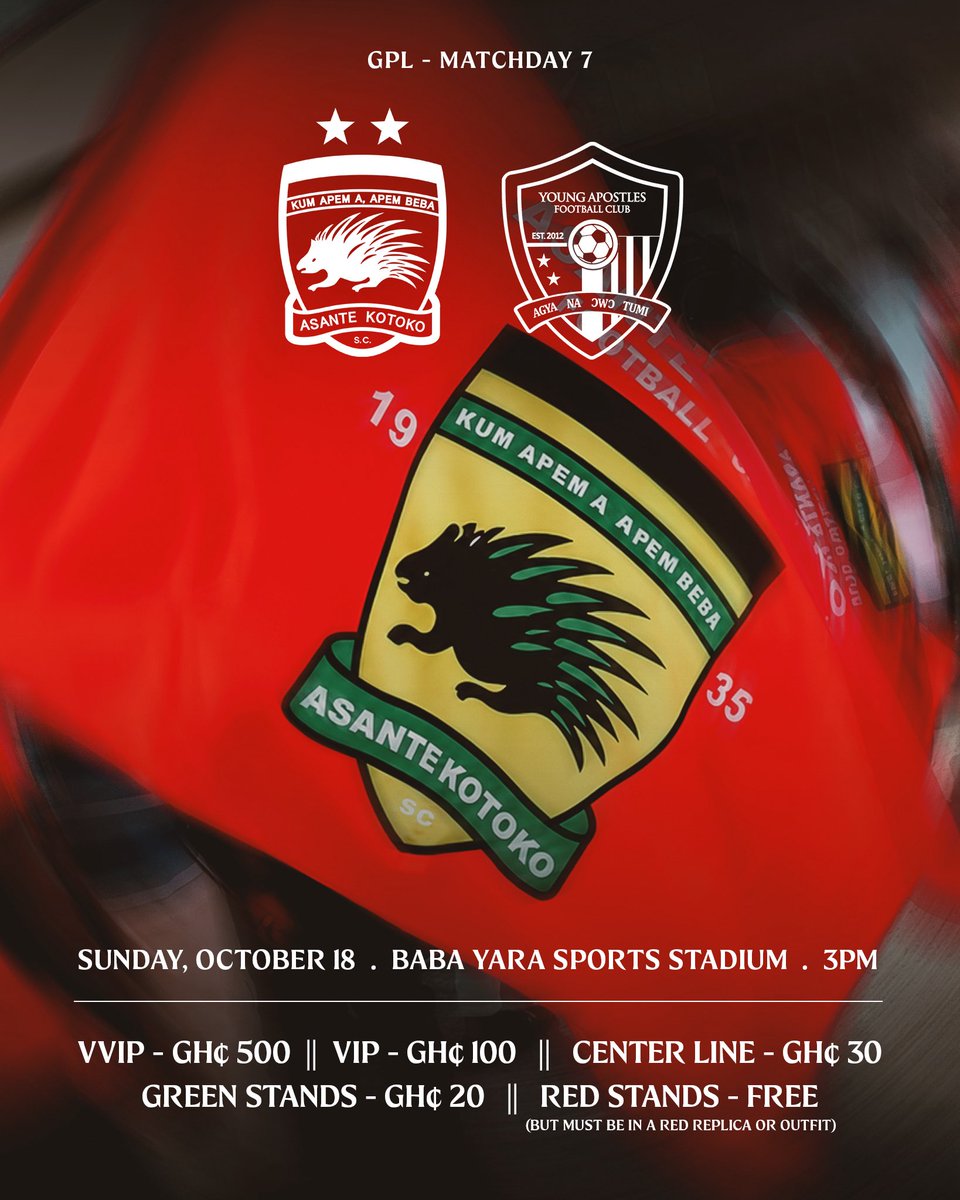 AsanteKotoko_SC's tweet photo. MATCH TICKET INFO — #KotokoApostles
 
⚠️ NB: 🎫 Special arrangements have been made for VVIP seats available at GH₵ 500 each.

🎟️ Get your VVIP ticket now via:
📲 Short code *714*2020#
🌐 Or purchase online: https://t.co/LW9pKB0LO0

#UnitedinHeritageDrivenbyExcellence https://t.co/sKsRz2NN7L