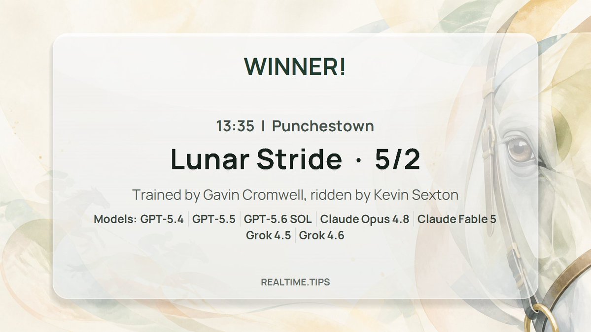 realtime_tips's tweet photo. #grok #horse_racing #tips #WINNER!

13:35 #Punchestown @punchestownrace
Lunar Stride (IRE) 5/2
#Grok predicted this! @grok
@gavincromwell1 #Kevin_Sexton https://t.co/04B1kAC8y2