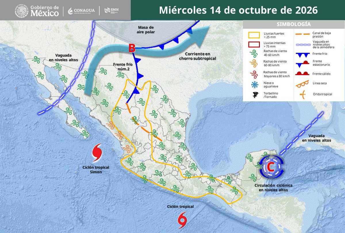 SasslaClimaMx's tweet photo. #PronósticoNacional 🇲🇽 | #Simon sin avance y #Trudy acercándose; #FrenteFrío e inestabilidad mantendrán lluvias. ⛈️🌀
• ⛈️🔴 MUY FUERTES: #Coah, #Chih, #Dgo, #EdoMéx, #Gro y #Oax.
• ⛈️🟠 FUERTES: #Zac, #Jal, #Gto, #Mich, #Col, #CDMX, #Mor, #Tamps, #Ver, #Tab y #Chiapas.
1/3 https://t.co/Vzx1g4lhcW