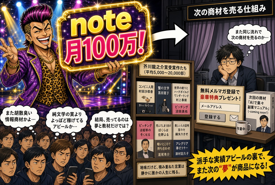Rain_AI_Project's tweet photo. 芥川賞作家でも、賞以外の小説の平均売上は5,000〜20,000部程度。
一般人がnoteを書いて月100万円稼ぐのは、普通に考えて無理がある。
あの手の投稿の多くは、集客して次の商材を売るための仕組みになっている。

＃note　＃情報商材 https://t.co/7ZC5XnEGRv