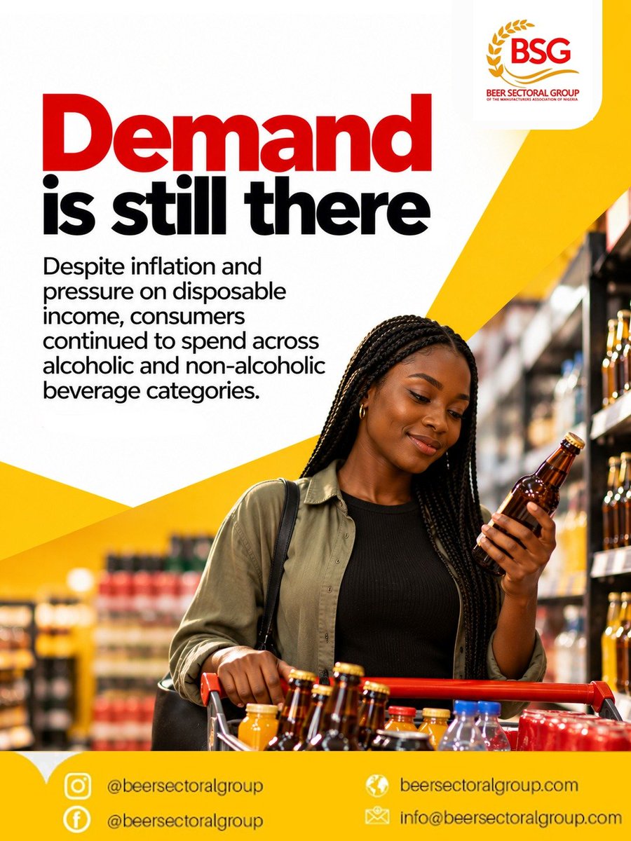 BeerSectoral's tweet photo. The estimated ₦1.4 trillion spent on spirits, beer and malt drinks in the first half of 2026 offers an interesting lens into Nigeria’s beverage market.

Consumer purchasing power, production costs and regulation all shape how the sector performs.
 
#beersectoralgroup #bsg https://t.co/qnx6AmabNk