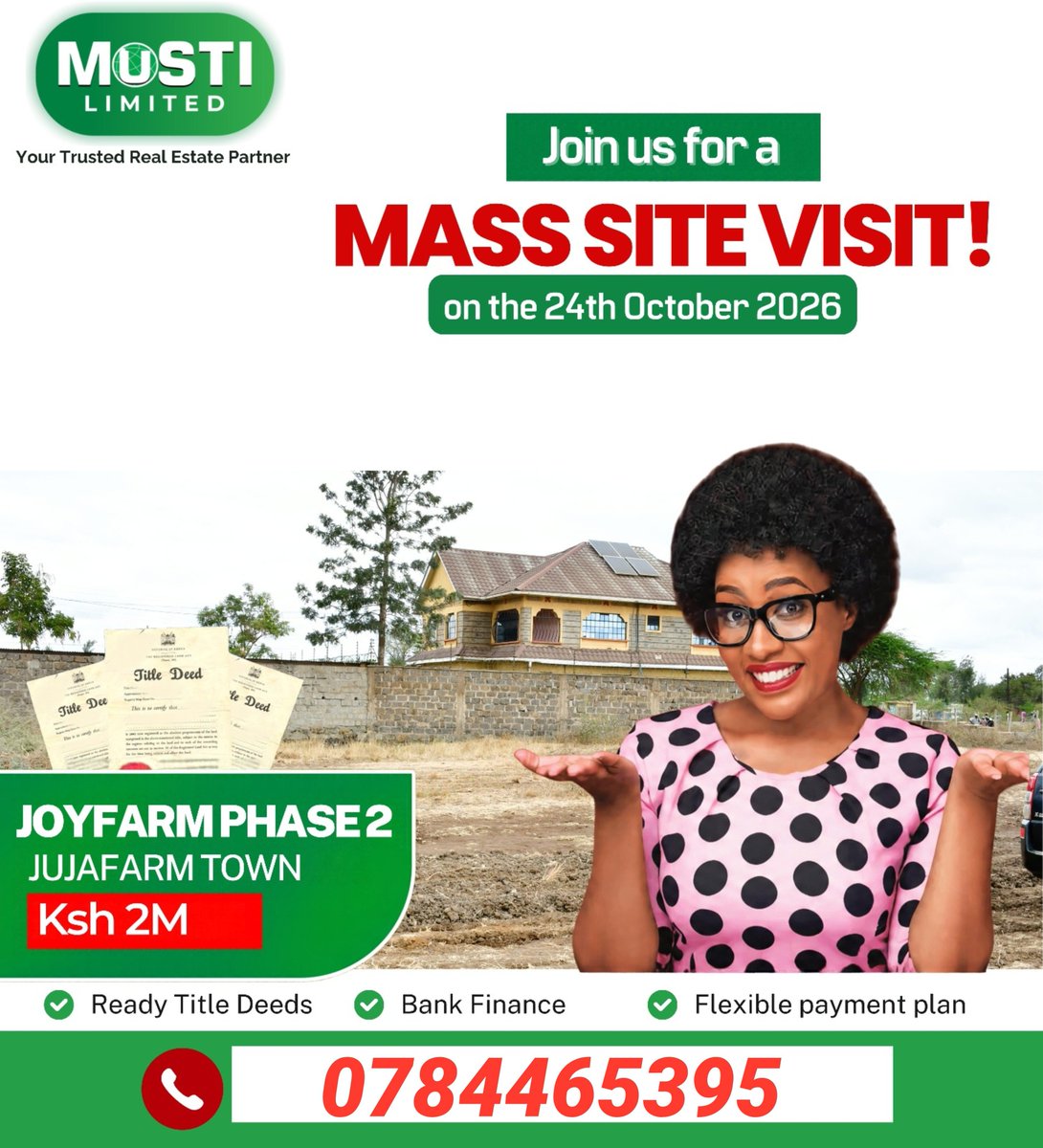 DominionPryop's tweet photo. Special Invitation Alert 
Hello Investors 👋 

MASSIVE SITE VISIT TO JUJA FARM – YOU DON’T WANT TO MISS THIS!
DATE on 24th OCTOBER 
TIME 9.00AM

Are you tired of paying rent while dreaming of owning your own piece of land? Here is your opportunity to turn that dream into reality!
Join us for a MASSIVE SITE VISIT TO JUJA FARM and see the land for yourself. Walk the ground, explore the location, and take a step closer to owning your future!

🔥 SPECIAL OFFER: KSh 2 MILLION ONLY! (Reduced from KSh 2.5 million)

✅ 40×90 plot ✅ Ready title deed ✅ Ready to build ✅ Flexible payment: 30% deposit, then clear the balance within 12 months at 0% interest.

📞 0784463595

 DON’T JUST WATCH OTHERS INVEST — TAKE ACTION TODAY!

Call or WhatsApp Irene on 0784465395 to reserve your seat for the site visit.

Your future begins with one decision. Twende ground Juja Farm — seeing is believing!

#JujaFarm #LandInvestment #RealEstateKenya #OwnLandKenya #MustiInvestment