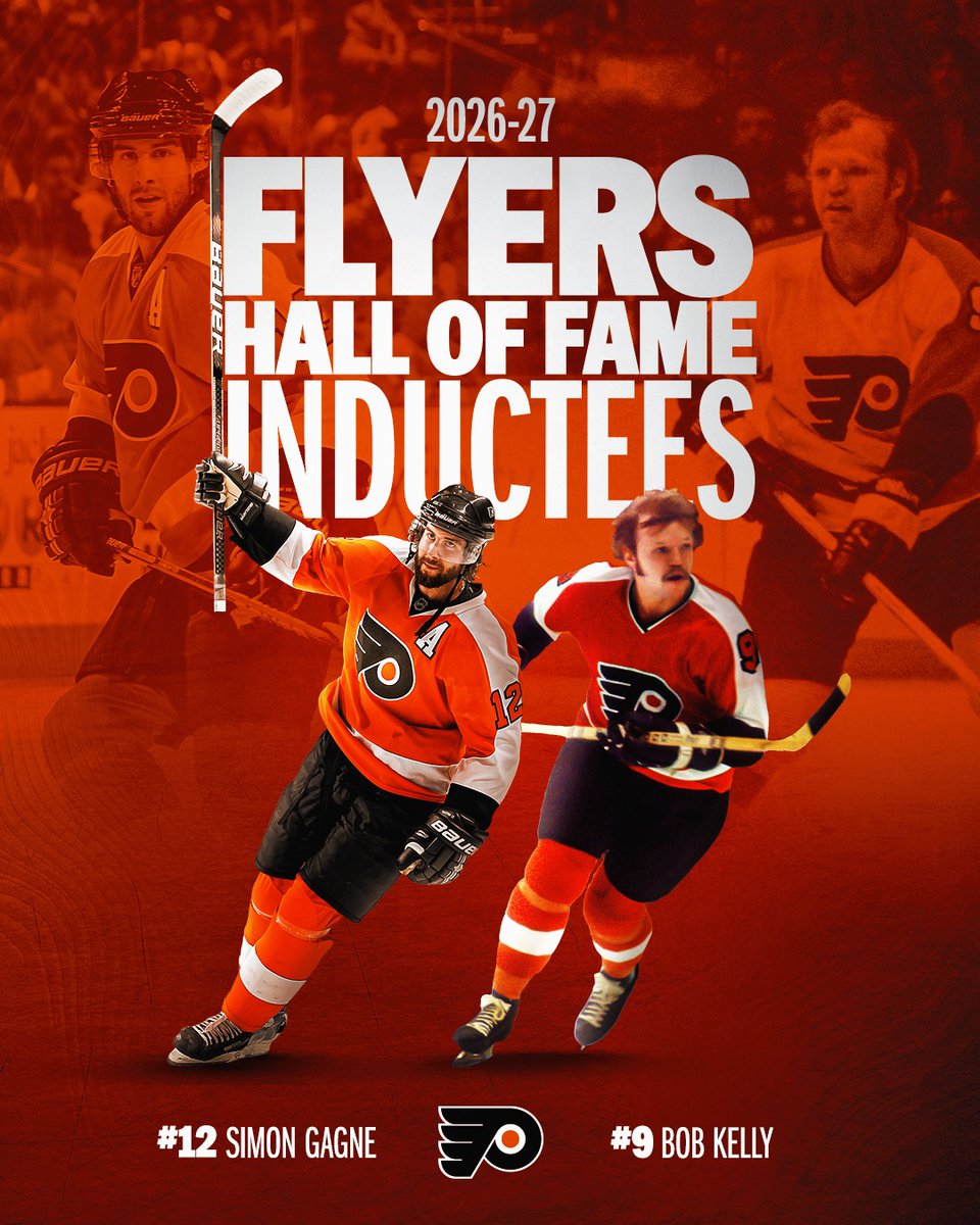NHLFlyers's tweet photo. Two franchise legends, forever enshrined in Orange &amp; Black.

Congratulations to Simon Gagne and Bob “The Hound” Kelly on being inducted into the Flyers Hall of Fame!

#LetsGoFlyers | @Ticketmaster