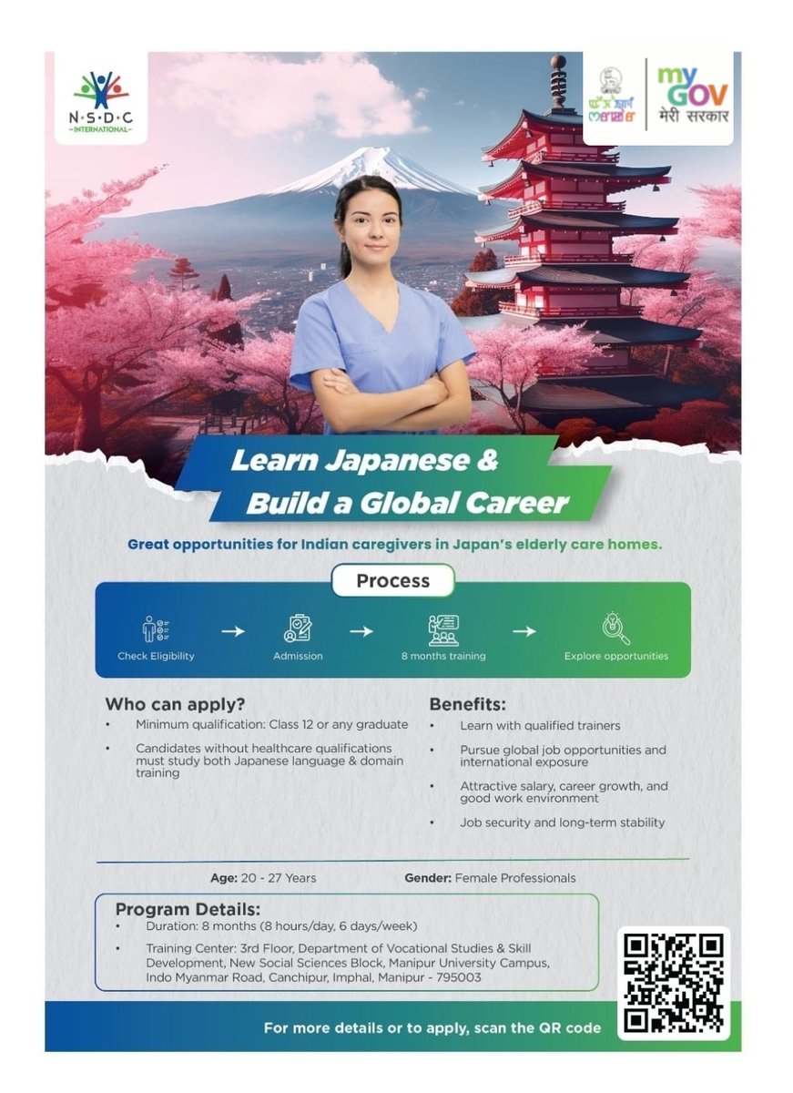 manipurmygov's tweet photo. 🇯🇵 Opportunity to Build a Career in Japan | Japanese Language Training – 3rd Batch

MyGov Manipur is pleased to share that the third batch of Japanese Language Training at Manipur University (MU) is scheduled to commence on 20 October 2026.

Eligible candidates who have passed Class XII or hold a graduate degree can apply for Care Assistant job opportunities in Japan.

Key highlights:
✅ Japanese language training and certification
✅ Loan facility available for eligible candidates
✅ Placement assured for fully certified candidates

📞 For further details, contact:
9954630199 | 9910372048

This initiative offers aspiring candidates an opportunity to enhance their skills, explore international employment prospects, and build a promising career.

#SkillDevelopment #japaneselanguage #CareerOpportunities #InternationalEmployment