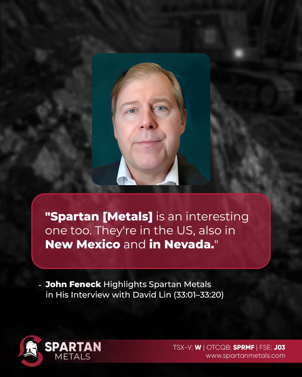SpartanMetalsCo's tweet photo. Among emerging #tungsten opportunities in the US, #SpartanMetals is one to watch.
Feneck Consulting Founder John Feneck, in his interview with David Lin, highlights the company's potential & discusses the broader tungsten market.
Tune in: https://t.co/jJ0hYbzO6U
$W.V #SPRMF https://t.co/Bxx3sWeXVN