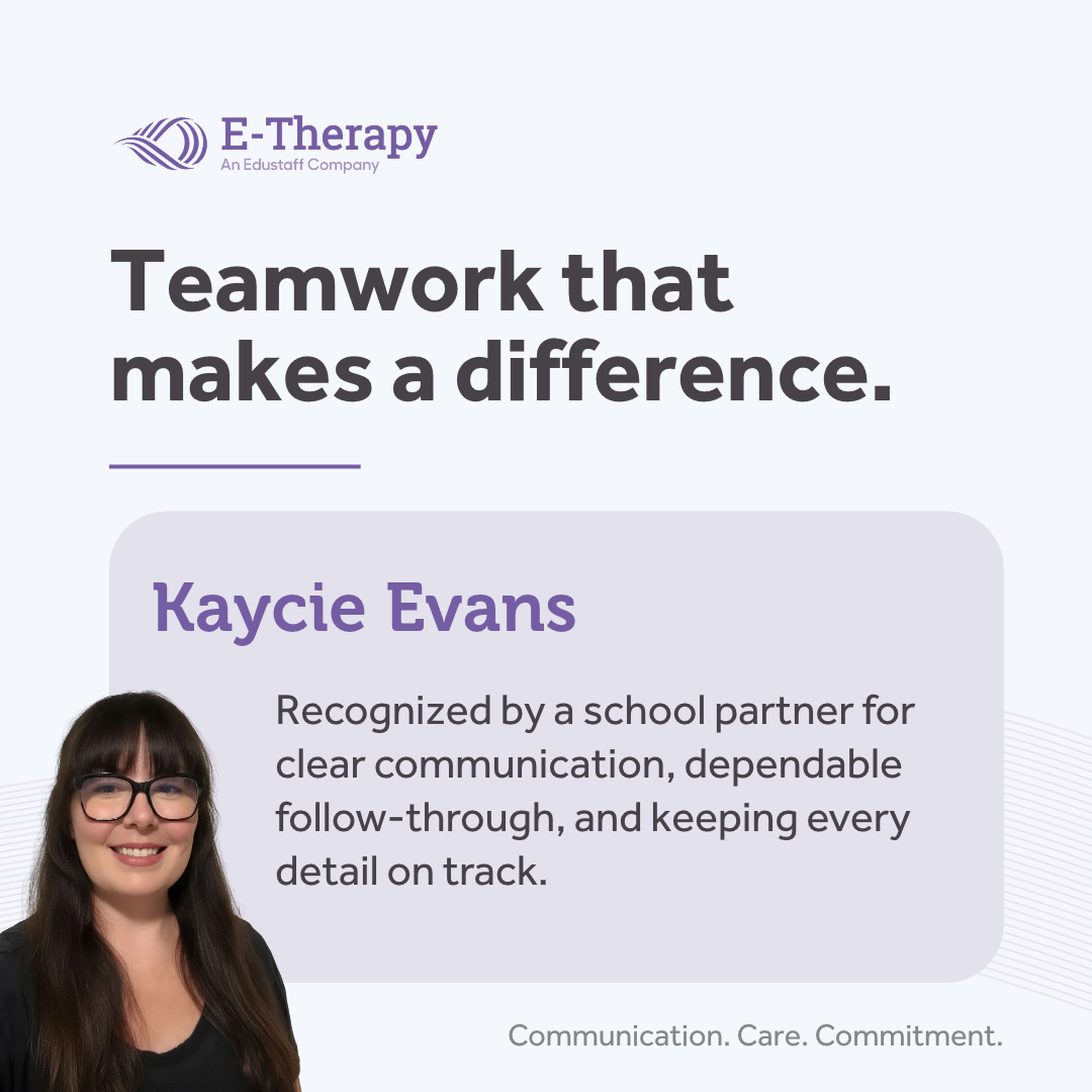 etherapyexperts's tweet photo. A school partner recently recognized Kaycie Evans for clear communication, dependable follow-through, and keeping the details on track. 💜 

Thank you, Kaycie, for the care you bring to our school partnerships! 

#ETherapy #TeamRecognition https://t.co/QTBZhYpjOO
