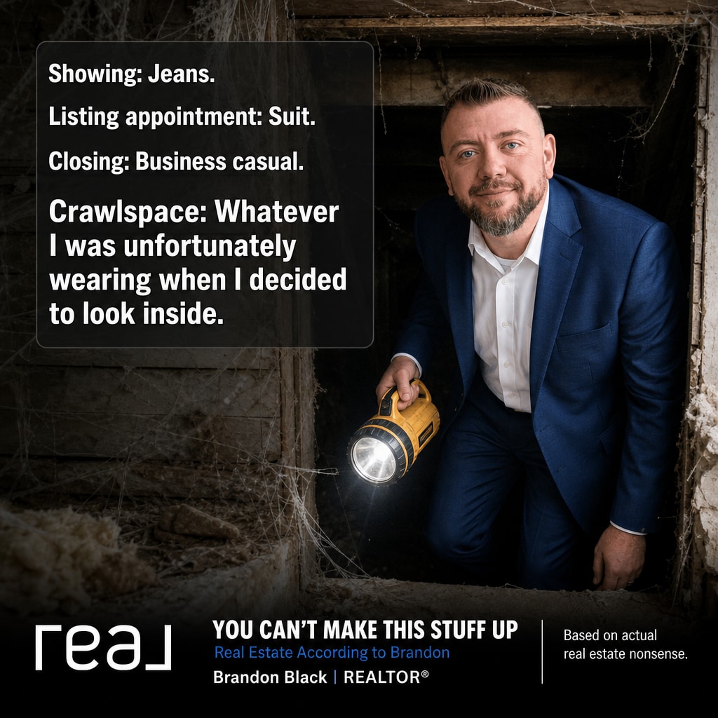 BBlackRealtor's tweet photo. Nothing tests the durability of an expensive tailored suit quite like an unannounced crawlspace inspection with a yellow flashlight. RIP to the wool. https://t.co/jzQoyuAHlt