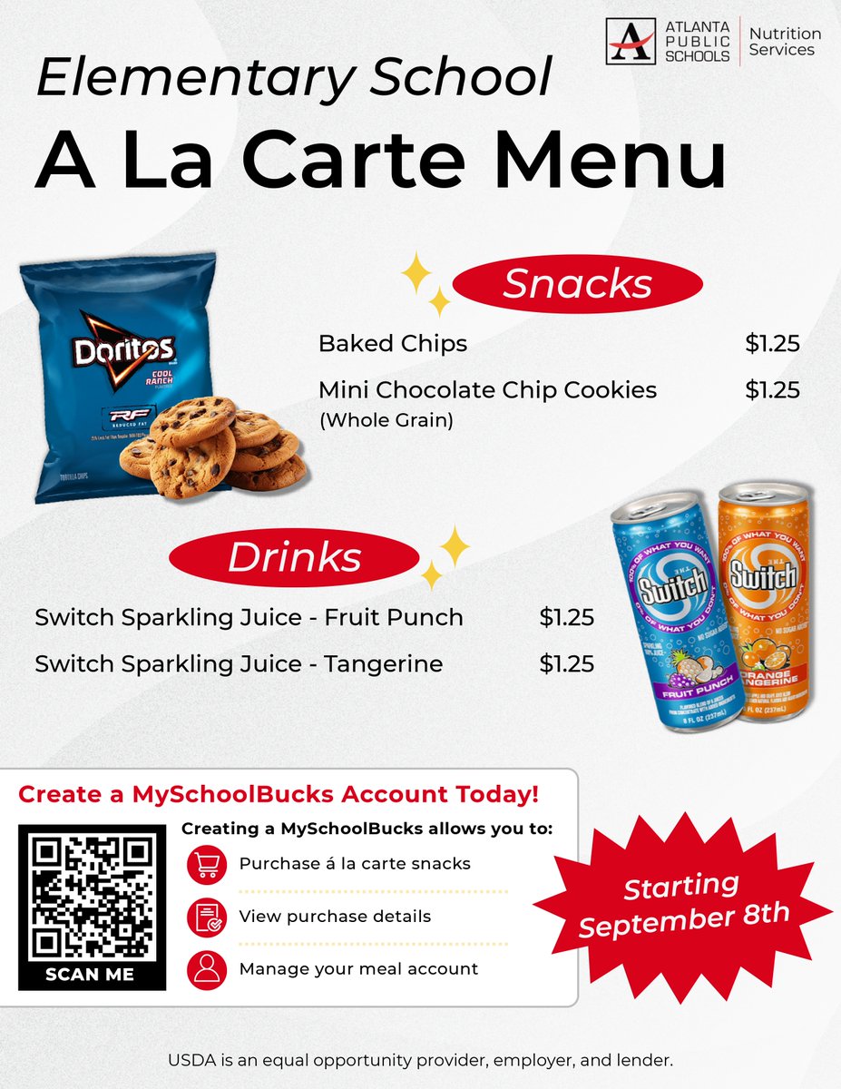 apsupdate's tweet photo. Celebrate National School Lunch Week with APS!🍎🥨 Snack time just got a little more exciting! À la Carte snack sales are now available during lunch in APS school cafeterias! 🎉

Students can choose from USDA-approved options like low-fat baked chips, whole-grain cookies and crackers, reduced-sugar and sugar-free beverages, and 100% fruit juices.

Families can view À la Carte options by grade level and set up a MySchoolBucks account to purchase items or add money to their student’s account.

👉🏽 Visit https://t.co/LP9n0sE6si to create an account and learn more! #NationalSchoolLunchWeek #AtlantaPublicSchools