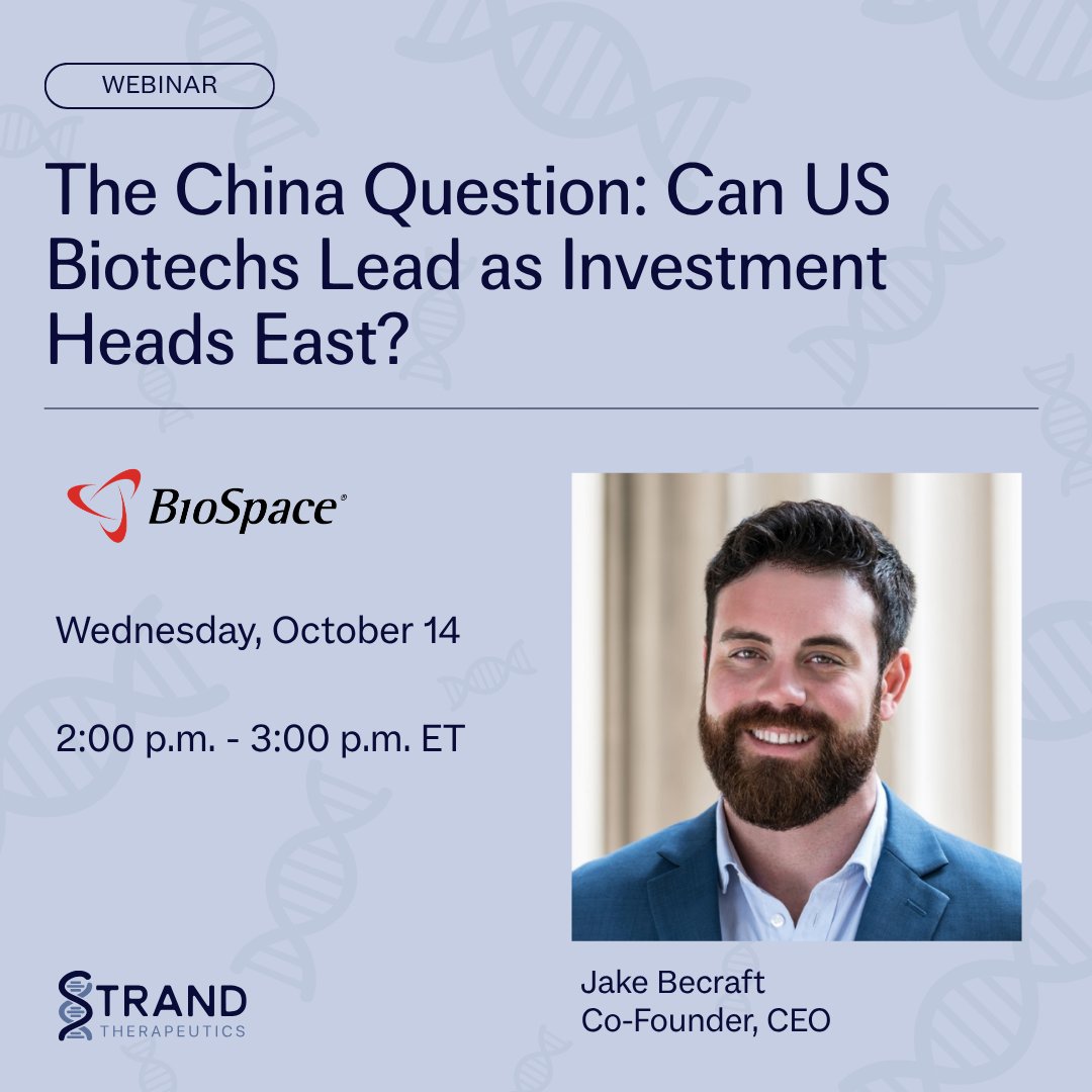 StrandTx's tweet photo. Today at 2:00 pm ET, our CEO and co-founder @DrSynbio takes the virtual stage for a @biospace panel on U.S.-China biotech competition, what it means for where early drug development happens, and the policy decisions shaping what’s next.

Catch it live this afternoon: https://t.co/VQ9rAXfLiA
