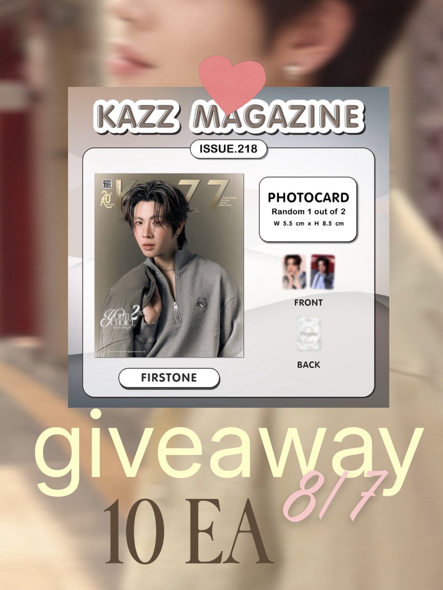 firstonefanclub's tweet photo. ⭐️ สุ่มแจก KAZZ MAGAZINE 10 รางวัล — #8per7ByFirstOne #FirstOne2ndSingle 

ได้ทั้งเล่ม และ Photocard เลยน้า🫶🏻

📣 กติกา
— เมนชั่นรูปสตรีม YouTube / Joox / Spotify 5 รางวัล✨
— เมนชั่นรูปซื้อเพลง 8/7 Line Melody / iTunes 5 รางวัล✨

(แปะลายน้ำ account บนรูปด้วยเด้อ)

📍ของตั้งแต่วันที่ 14.10.2026 | 18:00 น. เป็นต้นไป🔥

@firstone_wnk #Firstone 🫶🏻🎤
 εїз #เติ้ลเฟิร์สวัน #TleFirstone  εїз