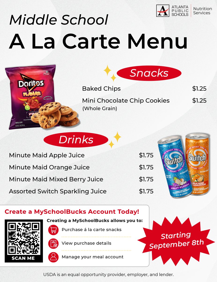 apsupdate's tweet photo. Celebrate National School Lunch Week with APS!🍎🥨 Snack time just got a little more exciting! À la Carte snack sales are now available during lunch in APS school cafeterias! 🎉

Students can choose from USDA-approved options like low-fat baked chips, whole-grain cookies and crackers, reduced-sugar and sugar-free beverages, and 100% fruit juices.

Families can view À la Carte options by grade level and set up a MySchoolBucks account to purchase items or add money to their student’s account.

👉🏽 Visit https://t.co/LP9n0sE6si to create an account and learn more! #NationalSchoolLunchWeek #AtlantaPublicSchools