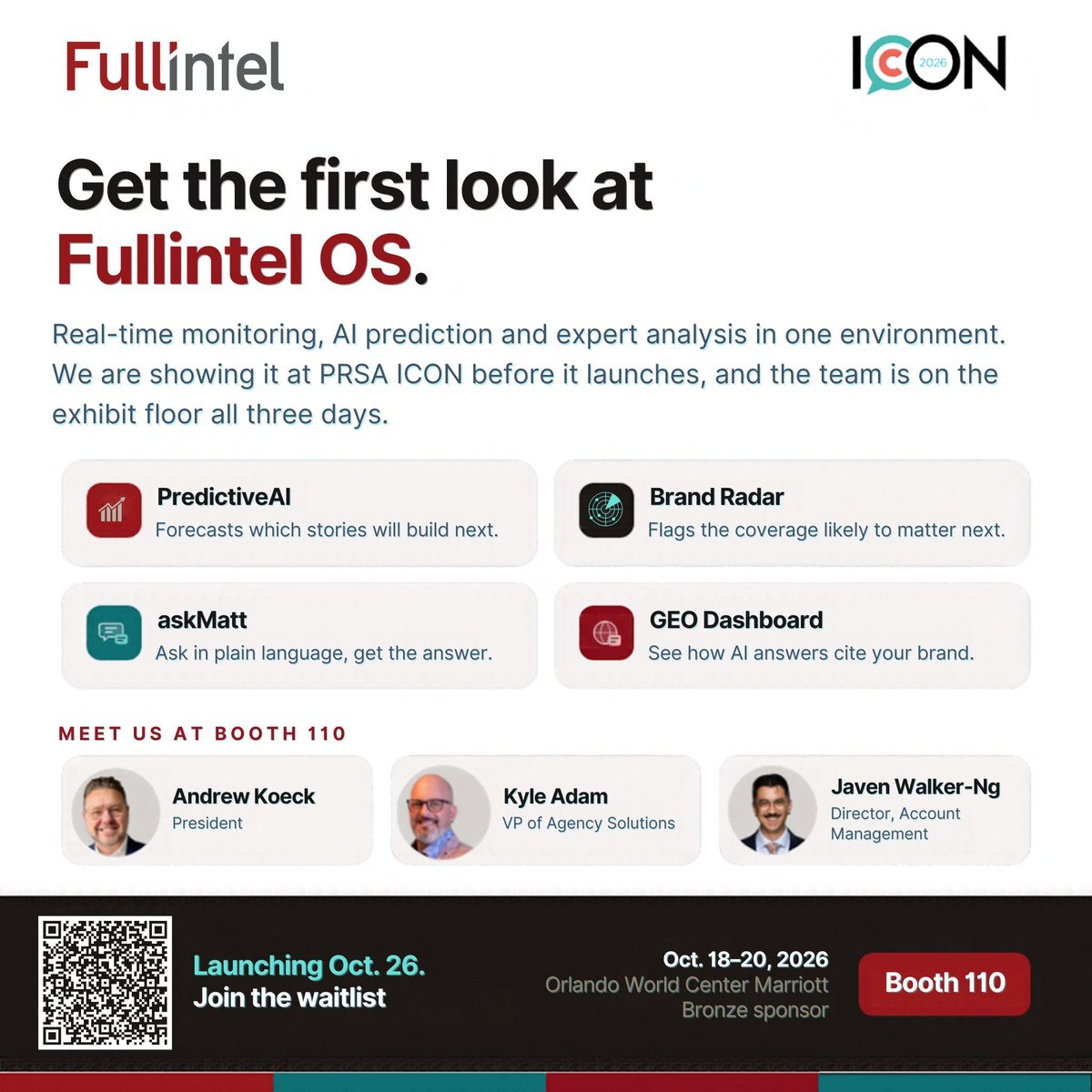 fullintel's tweet photo. Fullintel is at PRSA ICON 2026.

📅 Oct 18-20
📍 Orlando World Center Marriott
🎯 Booth 110

We're bringing the first look at Fullintel OS, a week before it launches Oct 26.

Join the waitlist: https://t.co/b8mXoVyM8t

#PRSAICON #PublicRelations #MediaIntelligence https://t.co/FhpANGjlP4
