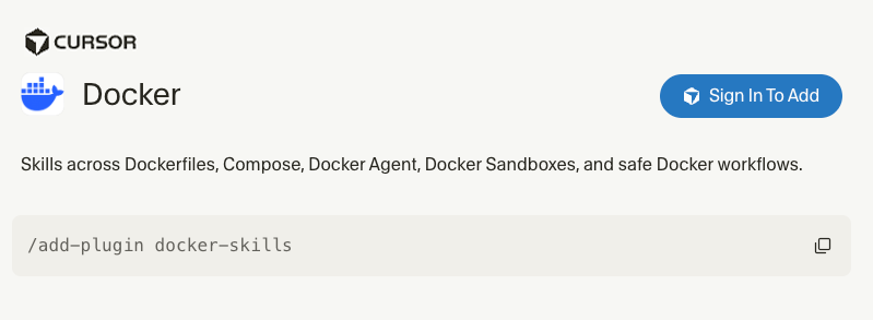 Docker's tweet photo. Docker Skills are now on the Cursor Marketplace.

10+ official skills for Docker Sandboxes, Dockerfiles, Compose, and Docker Agent. Give your agents the context to run safely and build faster, without starting from scratch.

/add-plugin docker-skills

https://t.co/MXPJNS8te3 https://t.co/fXF9f1oyhl