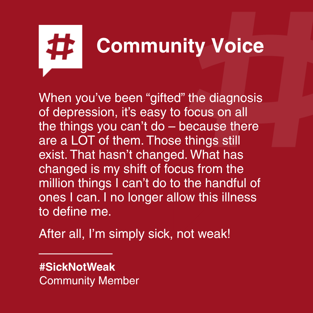 SickNotWeak's tweet photo. Depression can make your world feel smaller, making it easy to focus on everything you can’t do instead of what you still can.

A diagnosis doesn’t define you.

Read this community story: https://t.co/YyuDcwNN3i

Share yours: https://t.co/cun5HjzphI

#SickNotWeak #CommunityVoice https://t.co/R8UGbdIydO