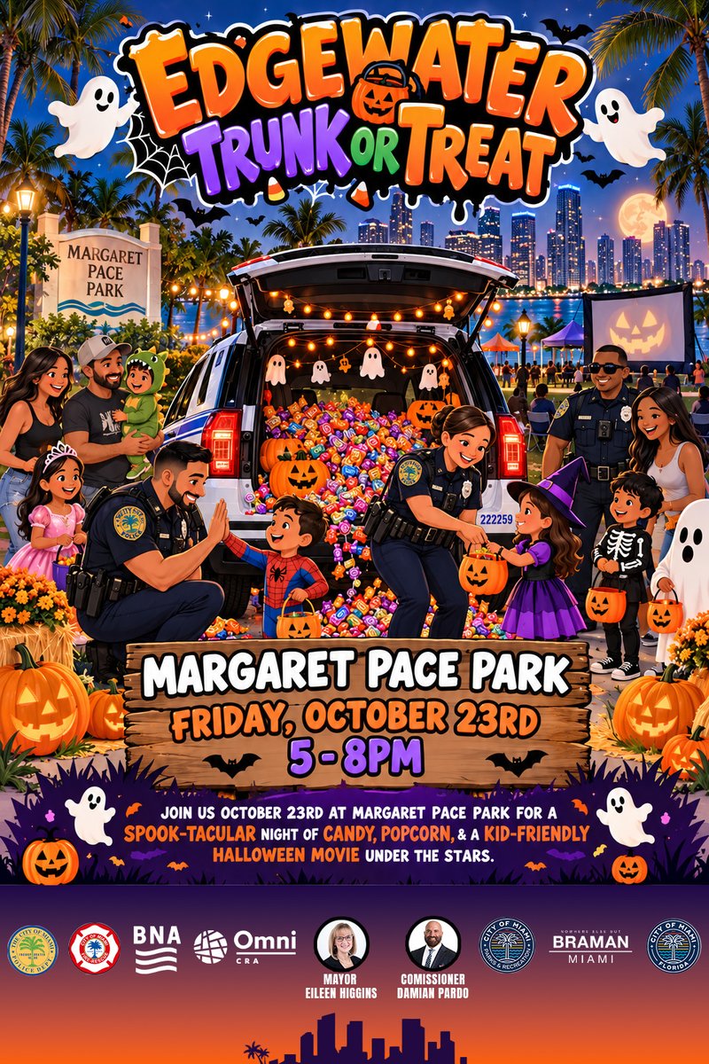 MiamiPD's tweet photo. Get ready for a spook-tacular night! 
Join us at Margaret Pace Park on October 23rd from 5-8pm for Edgewater Trunk or Treat! Bring your little ghosts and goblins for candy, popcorn, and a kid-friendly Halloween movie under the stars. 

Costumes encouraged, fun guaranteed! 🍬🌙 https://t.co/HSdwlyQgpg