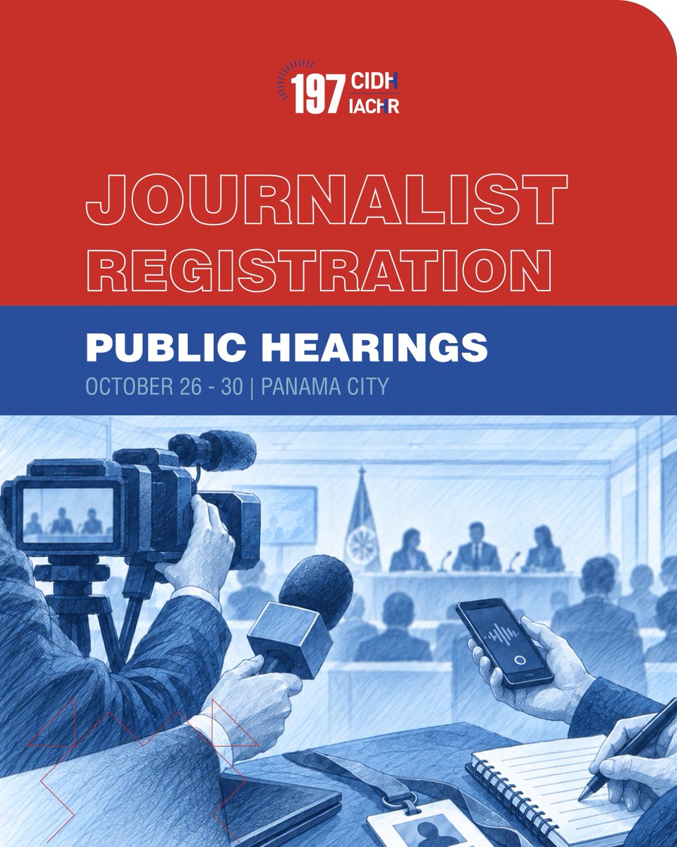 CIDH's tweet photo. The 29 hearings of the #197IACHRSessions will be open to the public and the press in Panama City 🪑📰  

It will also be live-streamed on YouTube 📹🔴 

✍🏾 If you are a journalist and would like to cover them, register at this link: https://t.co/bQFoksToI0 https://t.co/c5kXBbTxcG