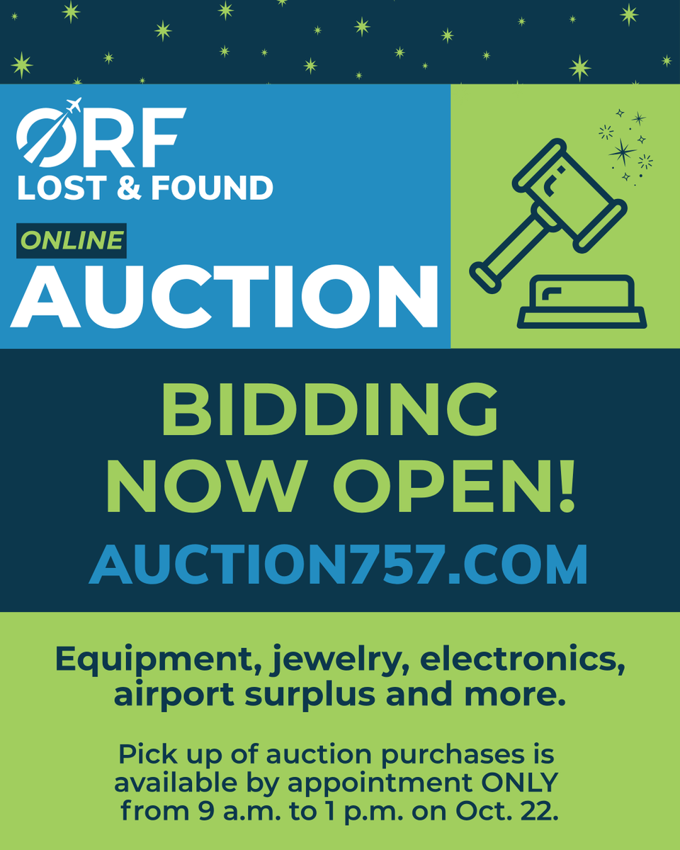 FlyORF's tweet photo. Online bidding is OPEN! A variety of equipment, jewelry, electronics, vehicles, airport surplus and more are up for auction. Bidding closes on Oct. 20.

A public inspection of the auction items will take place on Monday, Oct. 19, 9 a.m. to 1 p.m. at 6170 Miller Store Rd.

Learn more at https://t.co/5JWnngr0uh