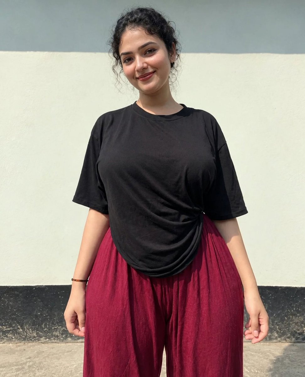 india9310's tweet photo. Casual days, curvy ways 🖤❤️✨
Black tee + maroon pants = simple but dangerous 🔥🍑
Which angle is your favorite? 👀💕

#CurvyAndProud #PlusSizeStyle #BodyPositivity #OOTD #ThickThighsSaveLives #ConfidenceLooksGoodOnMe #girl #Navratri #garbanight #fun #love https://t.co/NzWn4xiSSa