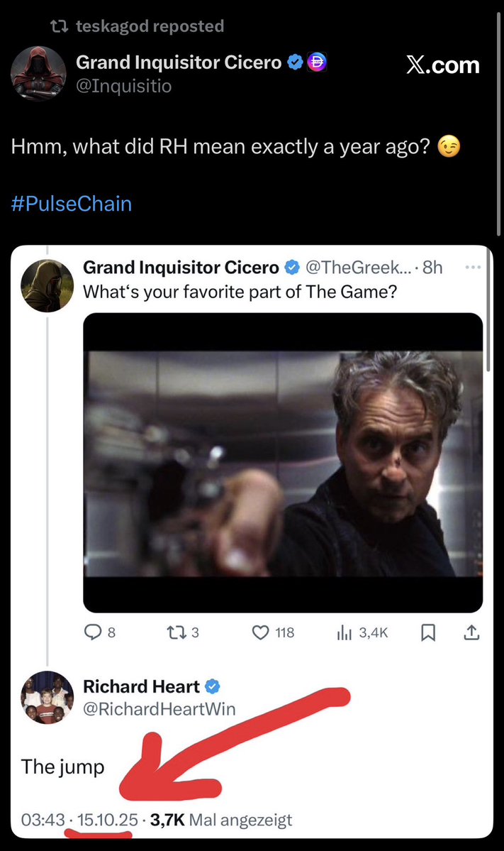 yourfriendSOMMI's tweet photo. ❤️💛💚💙

October 15th, 2025
Richard Heart posts “the jump”

October 15th, 2026
Turkey Circulating News of Arrest and PLS dumps -50%

😳

Pulsechain

(The Jump is a scene from the movie The Game where the main character jumps, everyone thinks he’s dead and its game over… then it turns out to be a psyop game)