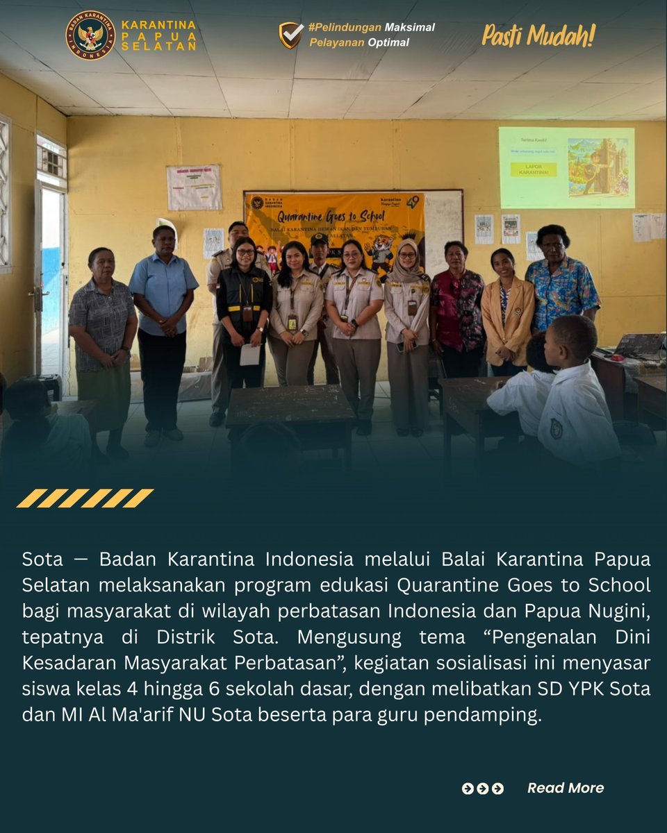 KarantinaMrauke's tweet photo. Tanamkan kesadaran biosekuriti sejak dini! 🛡️ Karantina Papua Selatan gelar "Quarantine Goes to School" bagi siswa SD di perbatasan Sota. Mari jaga batas negeri dengan langkah: Lihat, Lapor, Lindungi! 🌿🐾🐟
#KarantinaPapuaSelatan #QuarantineGoesToSchool #Sota #LaporKarantina https://t.co/6xgRhHB10K