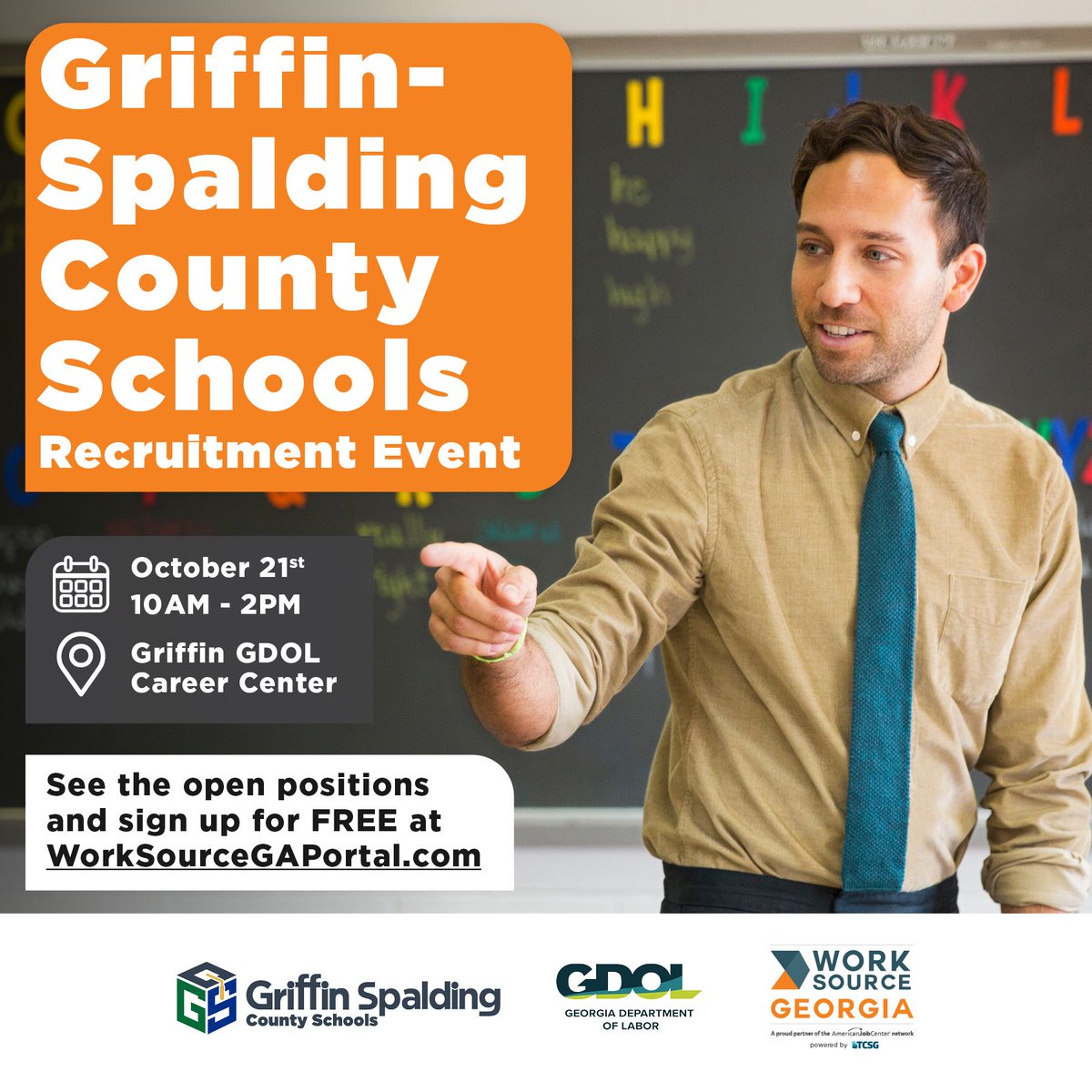 WorkSourceGA's tweet photo. The Griffin-Spalding County Schools Recruiting Event!
Open positions like Teachers, Substitutes, Paraprofessionals and more!

October 21s| 10AM - 2PM
Griffin GDOL Career Center 

Find out more and sign up FREE at https://t.co/7P3UChT7Qy

#griffinspaldingcountyschools https://t.co/yh6LsQrz9w