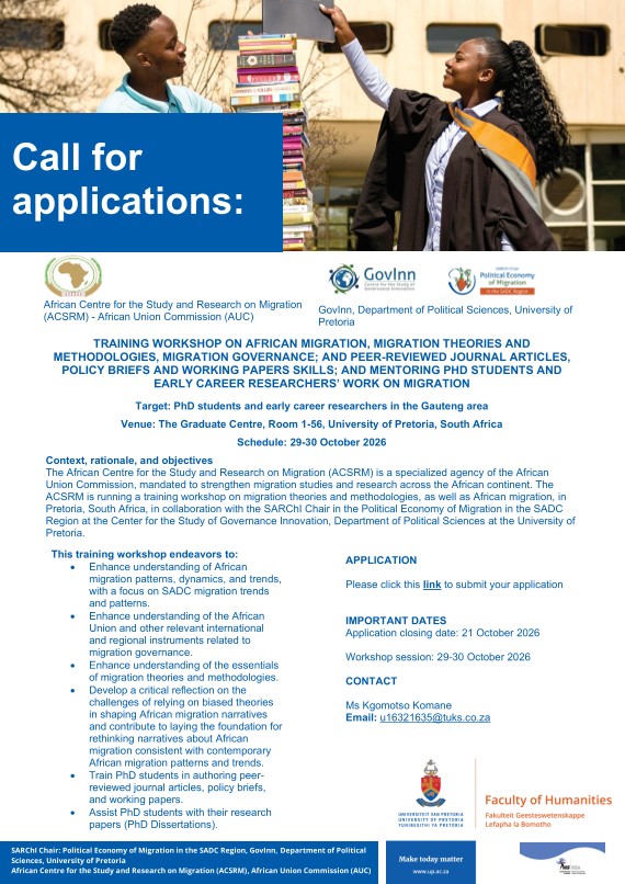 📢 Developing research capacities for informed migration policy

#AENmembers in Gauteng: this opportunity is for PhD students and early-career researchers exploring migration and governance in Africa.

The workshop will cover migration theories, research methods, governance,