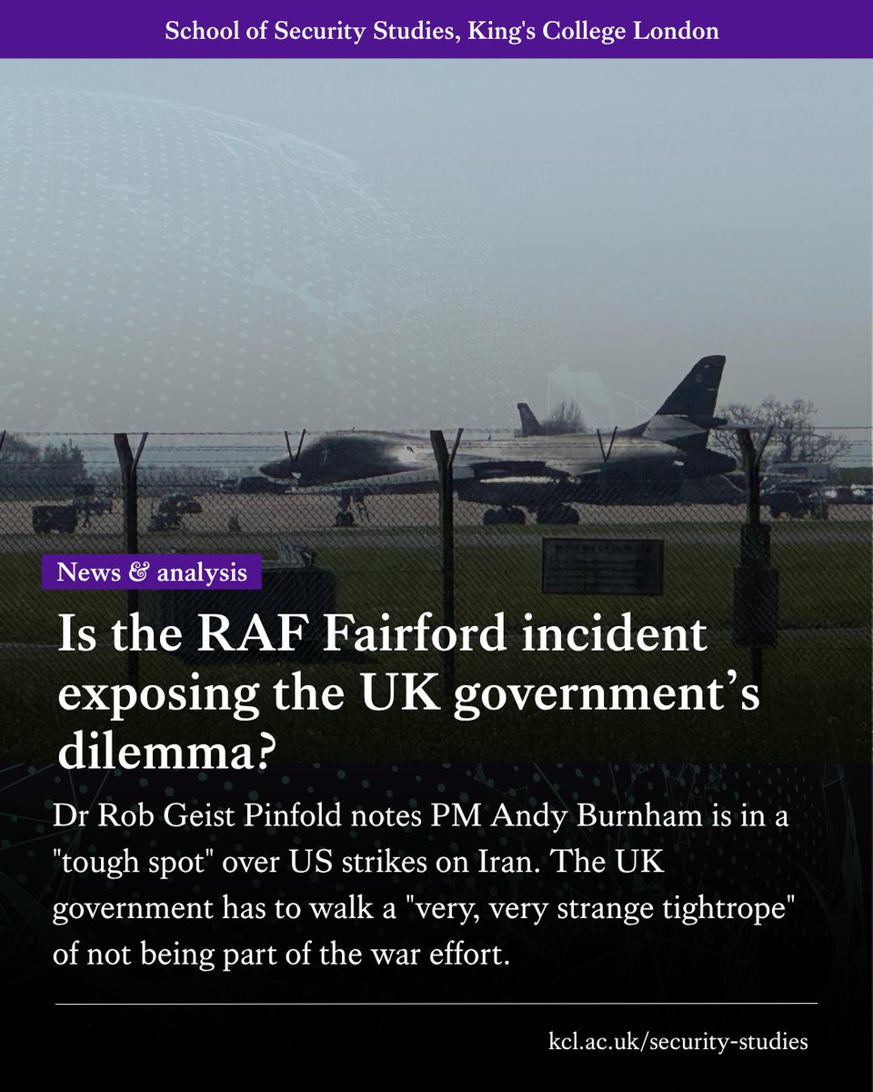 KCLSecurity's tweet photo. Is the #RAFFairford incident exposing the UK government’s dilemma?
Dr Rob Geist Pinfold notes PM #AndyBurnham is in a "tough spot" over US strikes on Iran. The UK government has to walk a "very strange tightrope" of not being part of the war effort.
🔗https://t.co/1UzIyu6ExH https://t.co/334GnvopyN