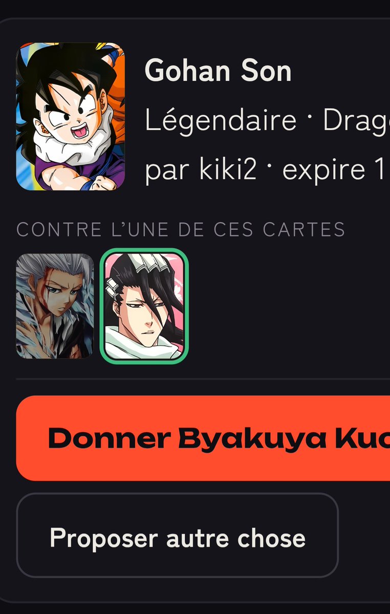 Kasaman95's tweet photo. @kyaratcg Ok mais c'est quand on a la rareté de notre carte qui s'affiche sur la page "les échangé que je peux accepter" comme dans ce avant/après fait sur IA ? Parce que aucune utilité a mettre le cadre vert on voit déjà que la carte est sélectionnable https://t.co/24r0Xjkr5f