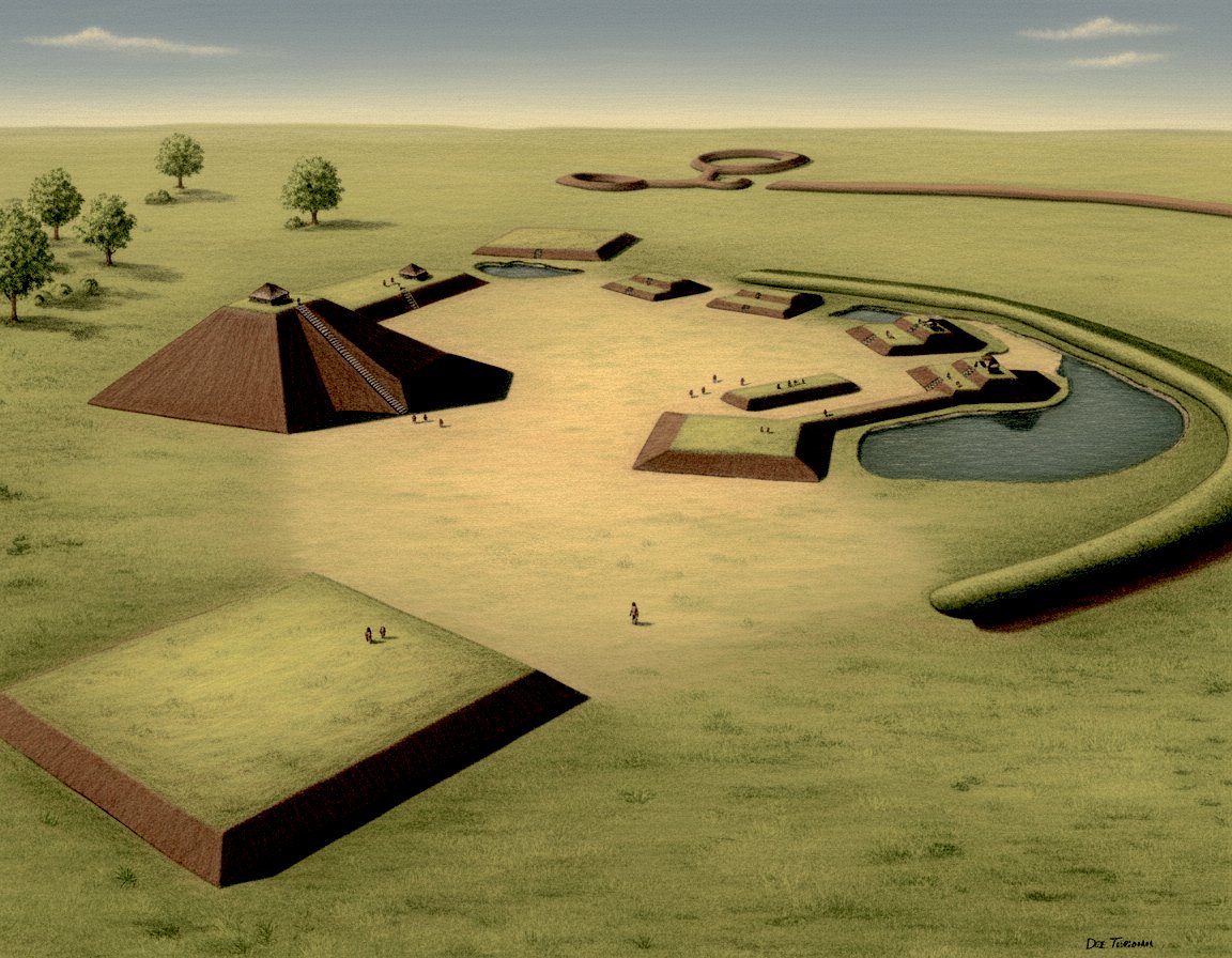 DrGregLittle2's tweet photo. Colorized archaeological reconstruction of the Jordan Mounds in Louisiana based on illustration in the mound encyclopedia. The 7-platform mound complex has never been excavated but has been heavily farmed for many decades. The main mounds, plaza area, and extensive earthworks were made by "intruders" who entered the area in the early 1500s.