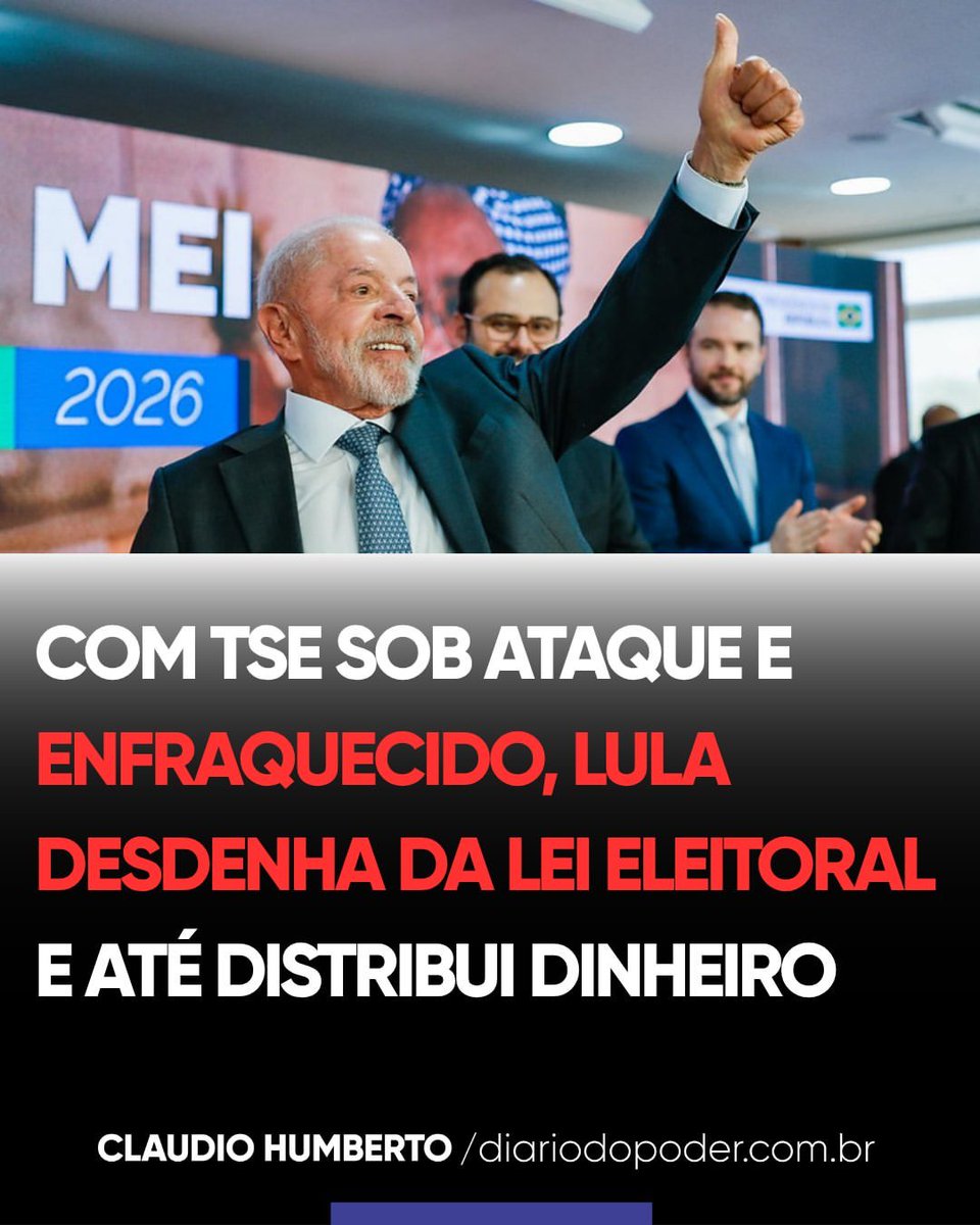 MachadoDarlon's tweet photo. 🚨⚠️🆘️🇧🇷 A lei proíbe (art. 73, §10, da Lei 9.504/97), no ano de eleição, distribuição de bens, valores ou benefícios pelo governo, salvo em casos de calamidade e emergência, por exemplo, mas Lula (PT) tem usado poder político e econômico para distribuir benesses às custas do pagador de impostos. A jogada ontem (13), análoga a jogar dinheiro de helicóptero, foi anunciar a distribuição de R$5 mil e perdão de dívidas tributárias a 3,6 milhões de microempreendedores. Tudo isso coincide, não por acaso, com o enfraquecimento e tentativas de desmoralização do TSE. Enfraquece para reinar Os alegados abusos encontram campo aberto em um Tribunal Superior Eleitoral colocado sob suspeita por Lula e atacado por aliados do STF. Inimputável A lei 9.504/97 vigora há quase 30 anos, mas Lula age certo de que não será amolado pelo TSE, com maioria por ele nomeada, e nem pelo STF. Paralelo protetor No STF, onde seu “TSE paralelo” vigia os passos do presidente do TSE, Nunes Marques, os aliados nunca negam apoio em momentos-chave. Abusos tolerados Juristas avaliam que jogadas como a de ontem ou aumentar Bolsa Família configuram abuso de poder político e econômico, mas e daí?
👉 Jornalista: @ColunaCH 🔰
