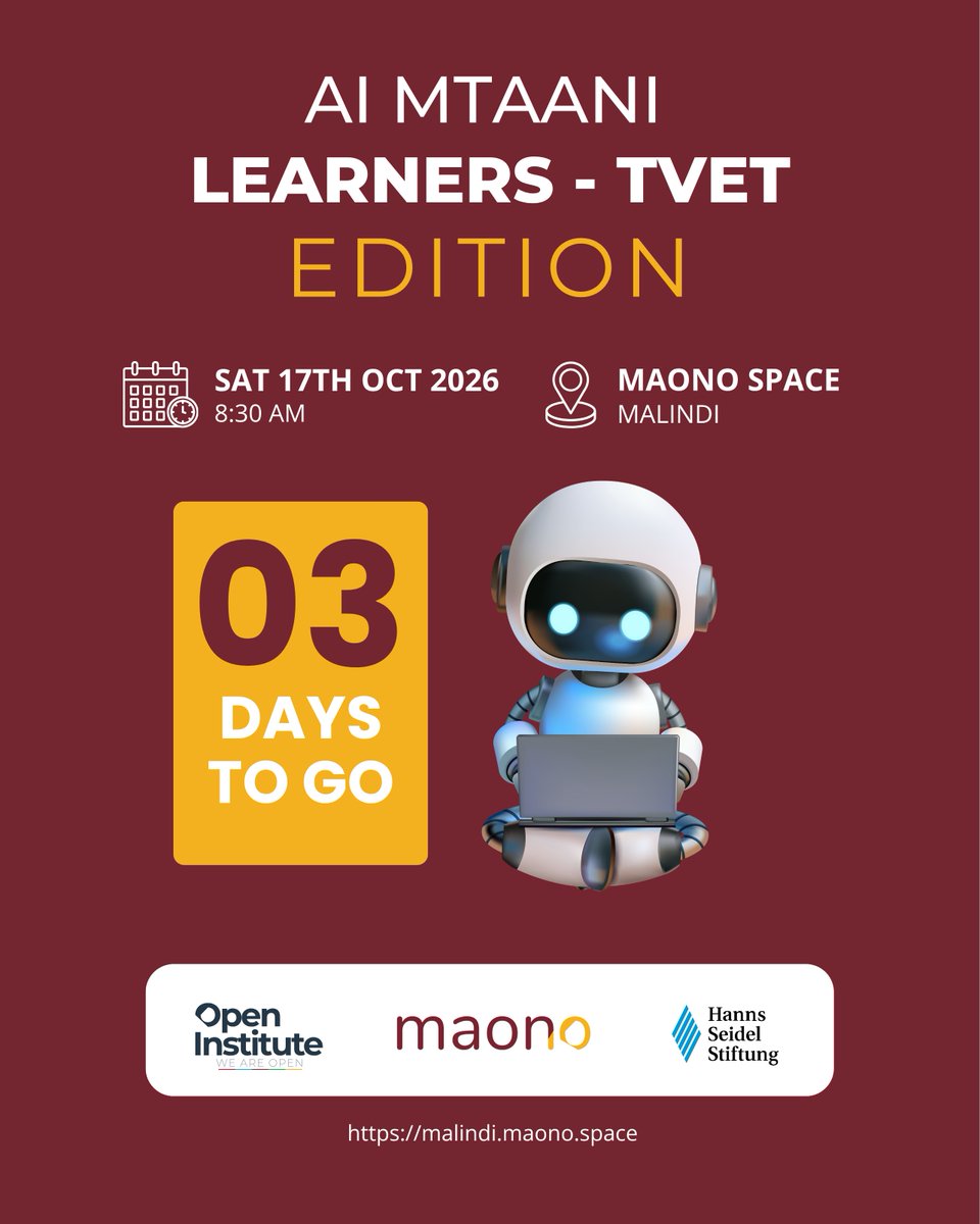 maono_space's tweet photo. TVET students in Malindi, join AI Mtaani this Saturday, 17 October, for hands-on learning on how to use AI creatively and responsibly to solve problems, boost learning and unlock career opportunities.
📍 Maono Space, Malindi
#AIMtaani #DigitalSkills #TVET #OpenInstitute https://t.co/JZzsketKL7