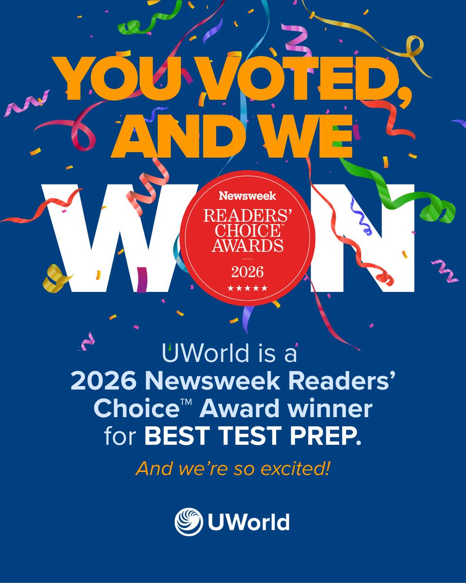 UWorld's tweet photo. You voted. We won. 🏆 We’re a 2026 Newsweek Readers’ Choice™ Award winner for Best Test Prep!

Thanks to everyone who helped us get here. What a way to celebrate 25 years! 🎉

And we’re not done yet.

💙 Read more: https://t.co/y8QuN14Bqj

#BestTestPrep #TestPrep https://t.co/xQMAyxSKaD