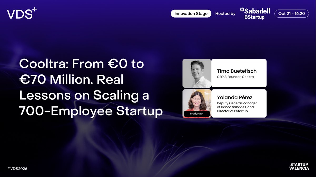 BStartup's tweet photo. ¿Cómo se escala una startup hasta los 700 empleados? 

Timo Buetefisch, CEO de @cooltra , lo cuenta en el #VDS2026 @VDS_event en conversación con @yolandapss, dir de @BStartup @BancoSabadell.

Te esperamos el miércoles 21 de octubre · 16:20h en el Innovation Stage https://t.co/s4yyPDxM9o