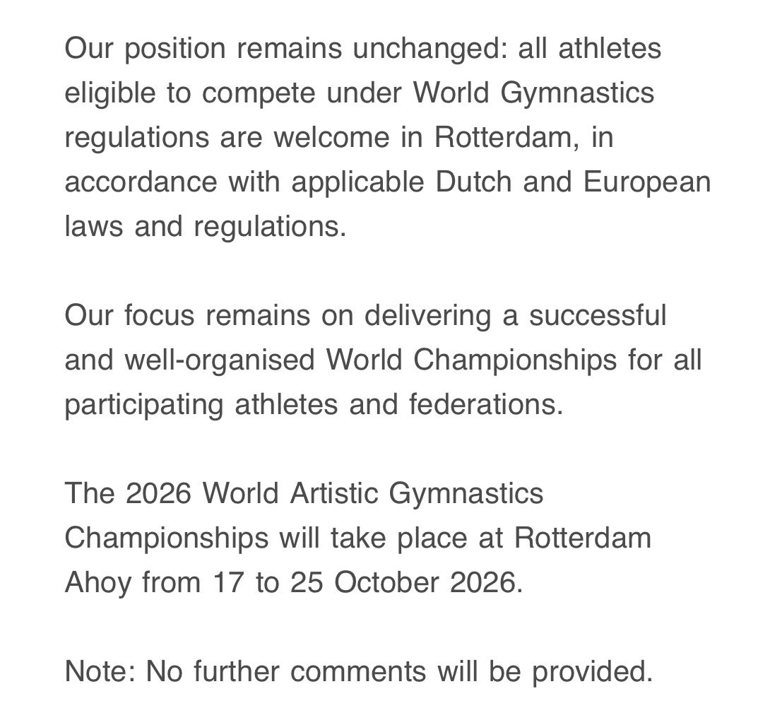 Gymnastics_Now's tweet photo. Statement from the Local Organizing Committee for #Rotterdam2026 on Russian athletes having their visas declined ⬇️ https://t.co/5hvOdGiaOx