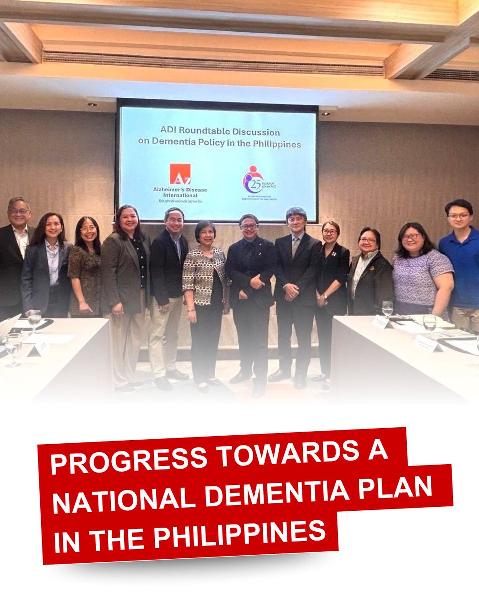 AlzDisInt's tweet photo. This week, ADI is pleased to share that Dr Gloria Balboa, Senior Undersecretary at the Philippines Department of Health (DOH), has expressed a strong commitment to developing a standalone National Dementia Plan for the Philippines in 2027.

The announcement was made during a roundtable discussion in Manila, hosted by ADI member Alzheimer’s Disease Association of the Philippines (ADAP). The event brought together representatives from across Southeast Asia, including ASAD, DAMAI, United Seniors Partylist and the WHO Western Pacific Regional Office (WPRO).

ADI Asia Pacific Regional Director DY Suharya worked closely with ADAP, under the leadership of President Alvin Cenina and Board Member, Michelle Anlacan, to help advance discussions on strengthening the national response to dementia.

ADI warmly welcomes this commitment and looks forward to supporting efforts to translate it into meaningful policy action that improves the lives of people living with dementia and their carers across the Philippines.
