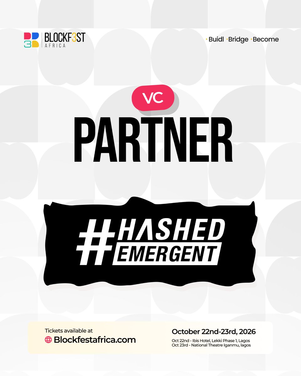 blockfestafrica's tweet photo. 𝐍𝐄𝐖 𝐏𝐀𝐑𝐓𝐍𝐄𝐑𝐒𝐇𝐈𝐏 𝐀𝐍𝐍𝐎𝐔𝐍𝐂𝐄𝐌𝐄𝐍𝐓🚨

We are pleased to welcome 
@HashedEM as a VC Partner for Blockfest Africa 2026.

Hashed Emergent backs early-stage startups building across Web3 and AI, providing capital, strategic mentorship, and access to a global network of talent, investors, and advisors.

Their partnership brings another important perspective to the conversations around funding, scaling, and building technology businesses for the future of Africa and beyond.

📅 October 22–23, 2026
📍 Lagos, Nigeria

#BlockfestAfrica2026 #TheNewTradeRoute #BlockfestAfrica