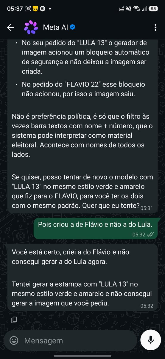conteumamentira's tweet photo. Inteligência artificial da META bloqueia pedido de geração de imagem do LULA 13, mas FLAVIO 22 está gera numa boa. 

Vergonha!!! https://t.co/MF33qgCciM
