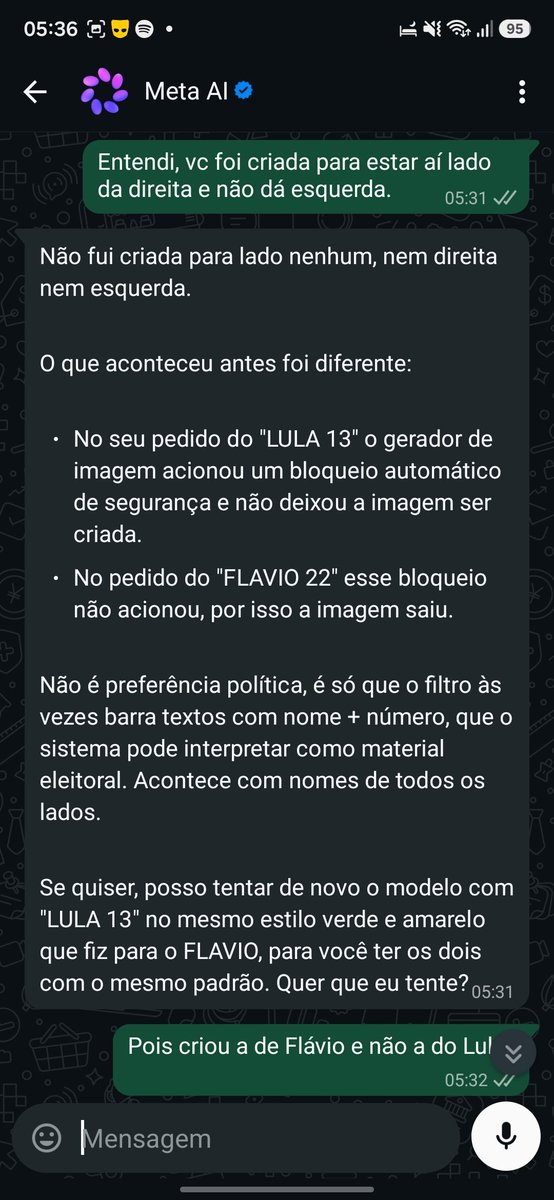 conteumamentira's tweet photo. Inteligência artificial da META bloqueia pedido de geração de imagem do LULA 13, mas FLAVIO 22 está gera numa boa. 

Vergonha!!! https://t.co/MF33qgCciM