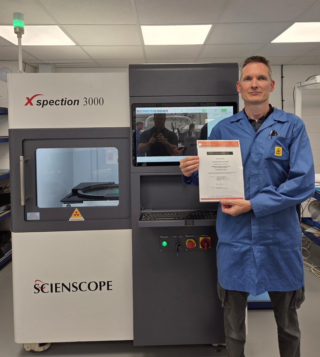 PrototypeElect's tweet photo. When you’re working with X-ray #inspection equipment, safety can’t be an afterthought.

Congrats to Brian (Frank), who’s completed his training to become our second Radiation Protection Supervisor (RPS), helping ensure safe operation, proper procedures &amp; greater cover. 👏

#PCBs https://t.co/gOMKbqS1Nj