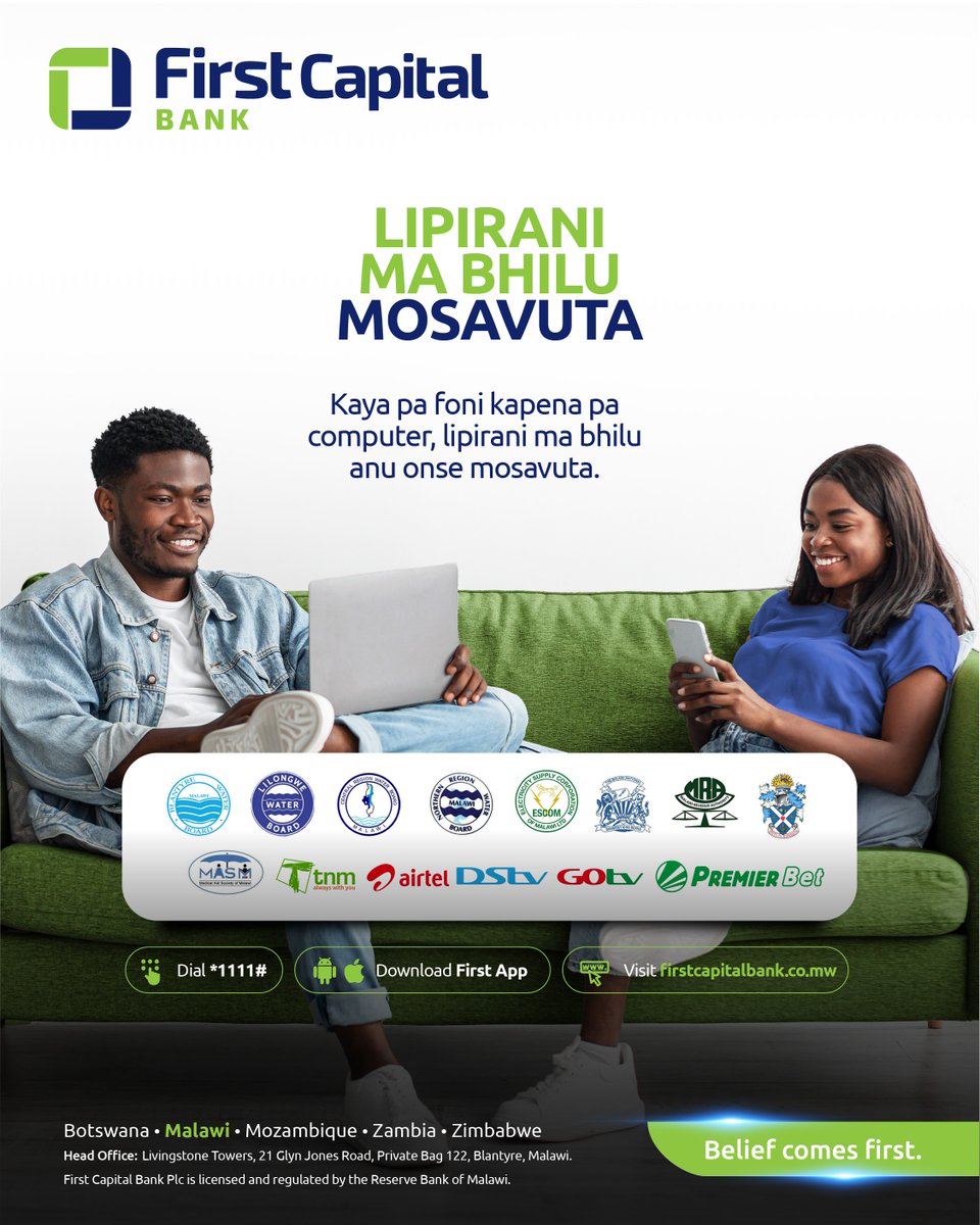 FirstCapital_Mw's tweet photo. From monthly subscriptions to your everyday utility bills handling payments has never been easier!
Pay your DStv, GOtv, water, electricity, and much more using the FCB App, dial *1111#, or simply visit any of our branches countrywide.
#DigitalBanking #BeliefComesFirst https://t.co/yC7caDNOSv